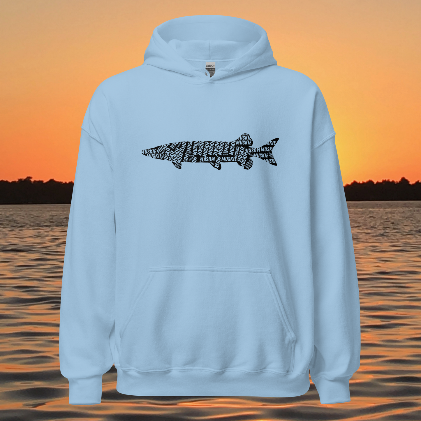 musky fishing hoodie with muskie silhouette text design
