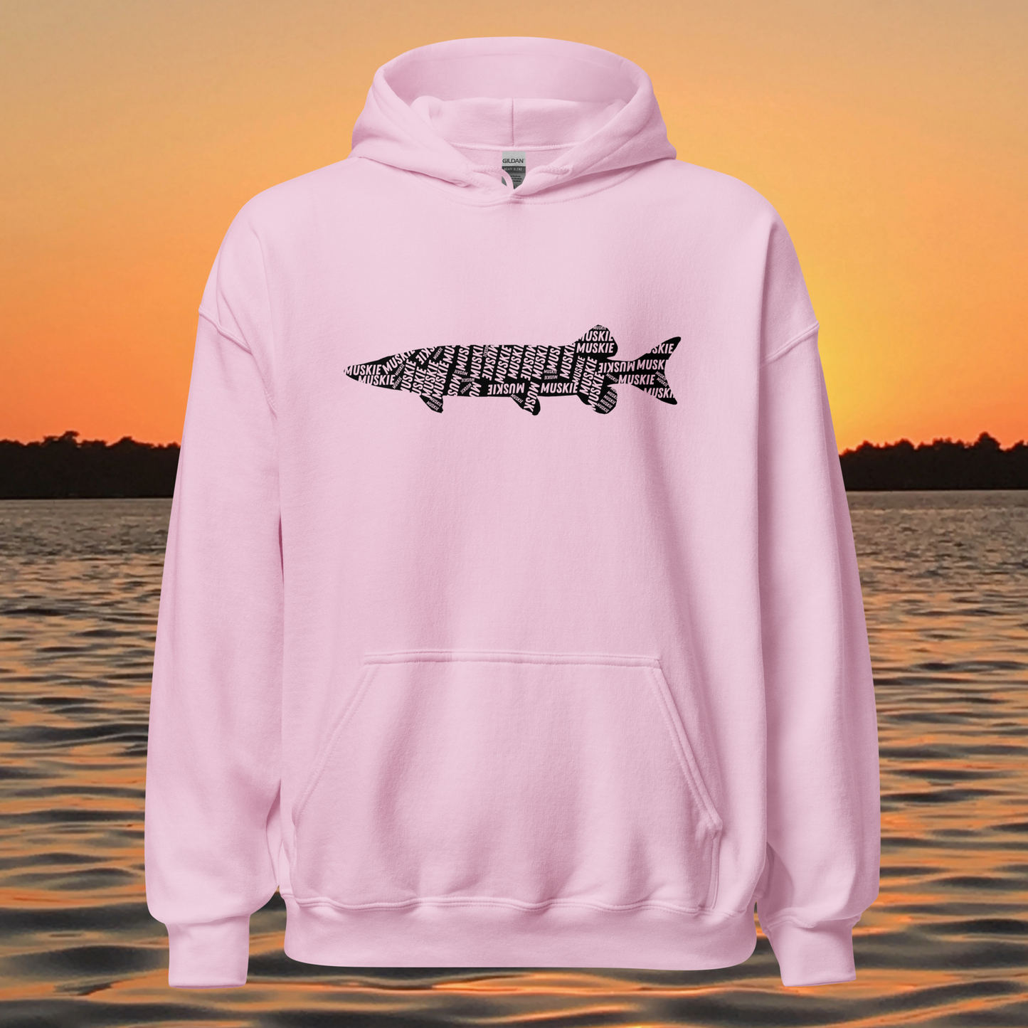 musky fishing hoodie with muskie silhouette text design

