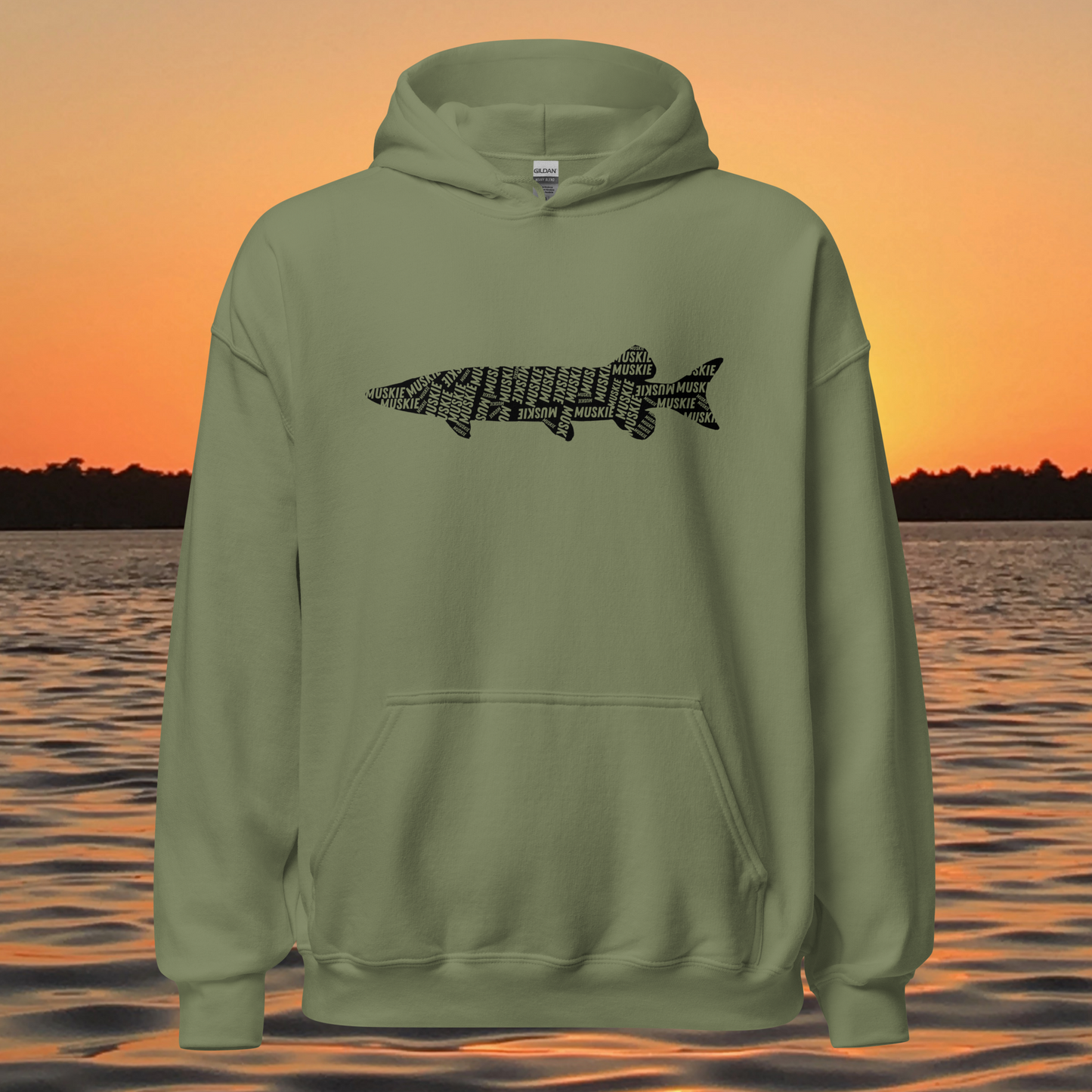 musky fishing hoodie with muskie silhouette text design
