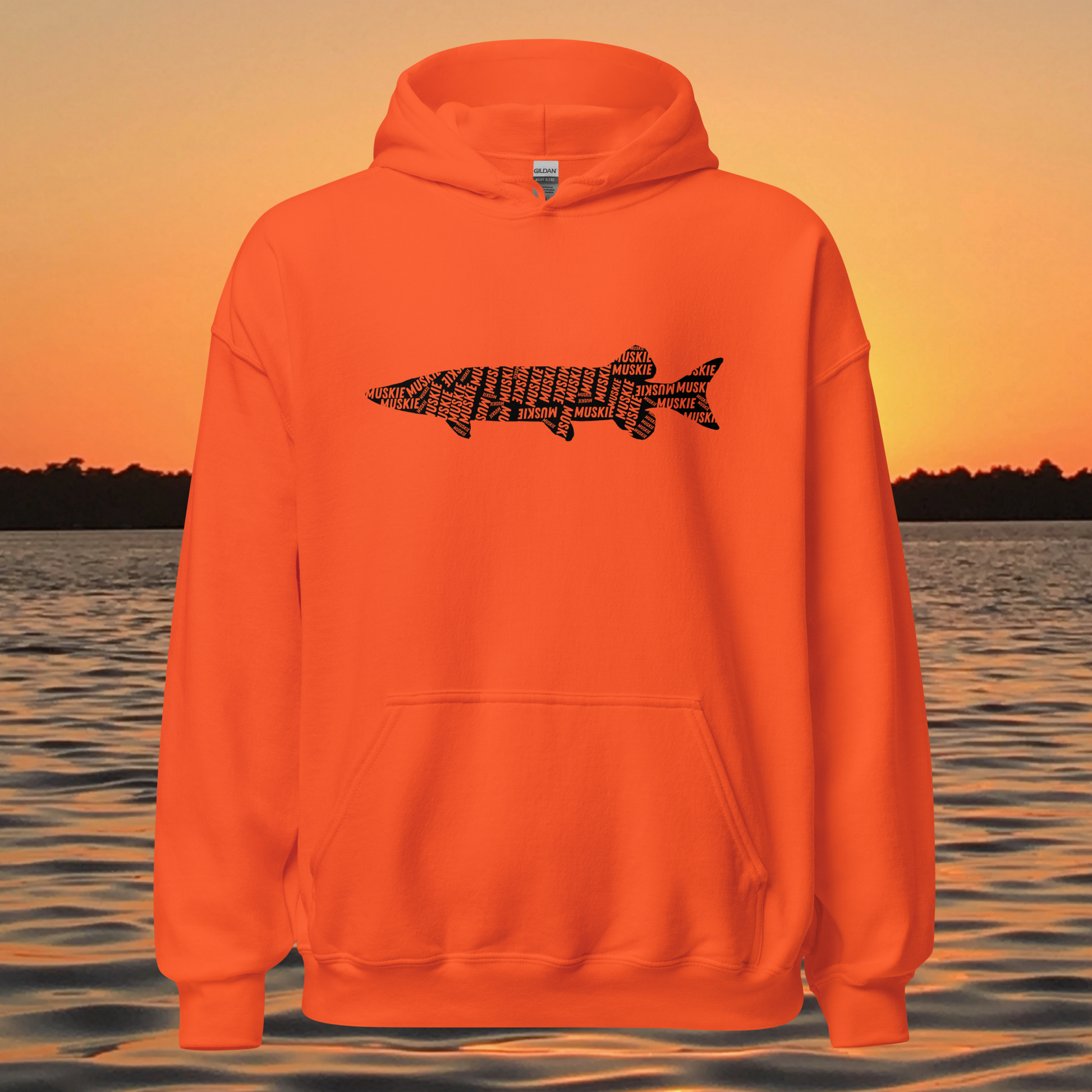musky fishing hoodie with muskie silhouette text design
