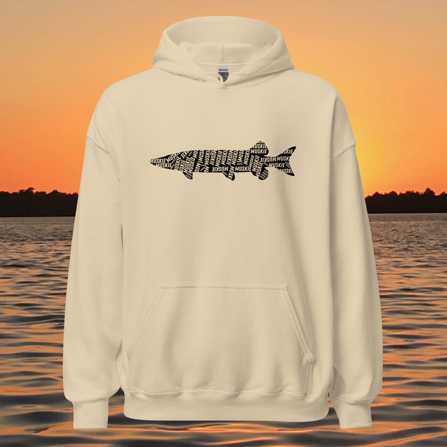 musky fishing hoodie with muskie silhouette text design
