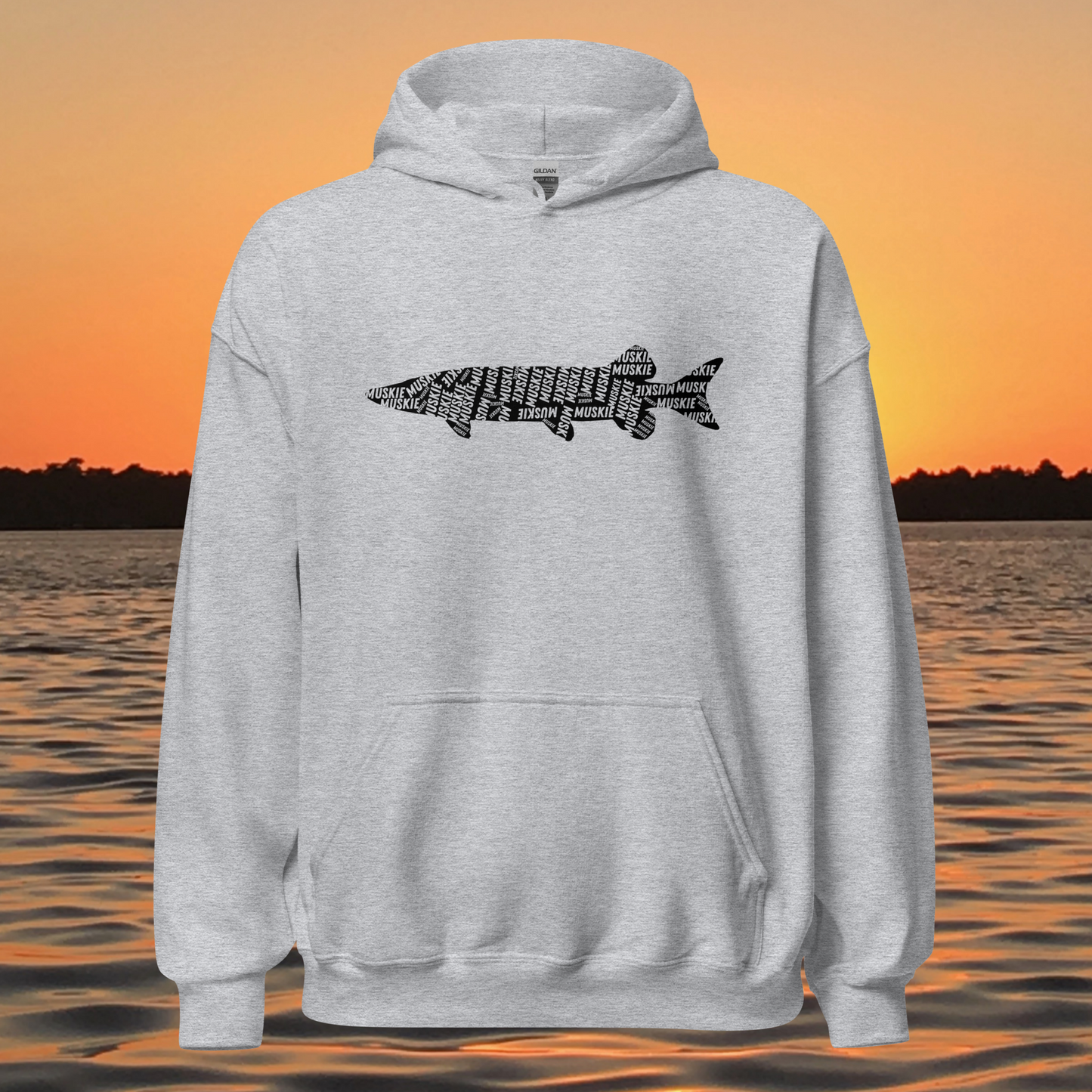 musky fishing hoodie with muskie silhouette text design
