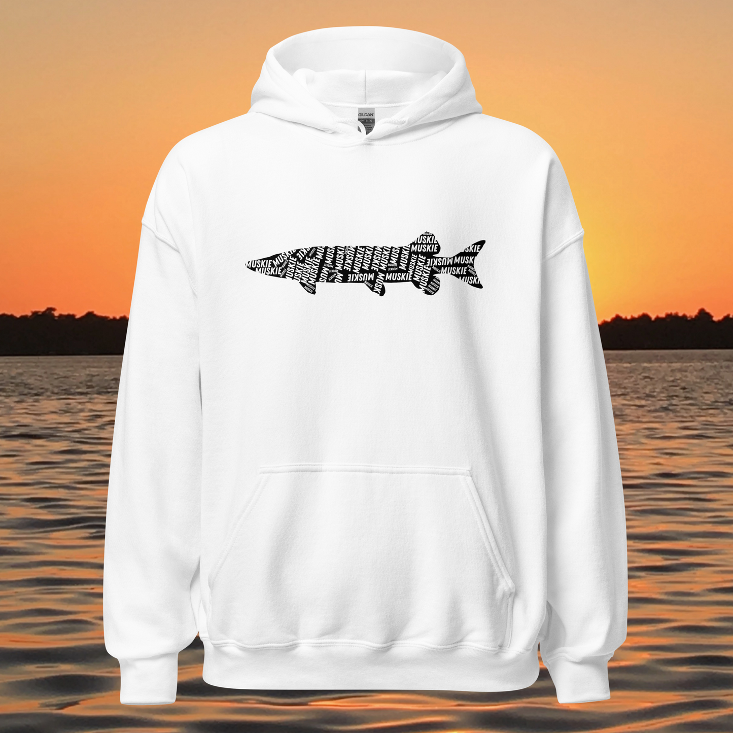musky fishing hoodie with muskie silhouette text design
