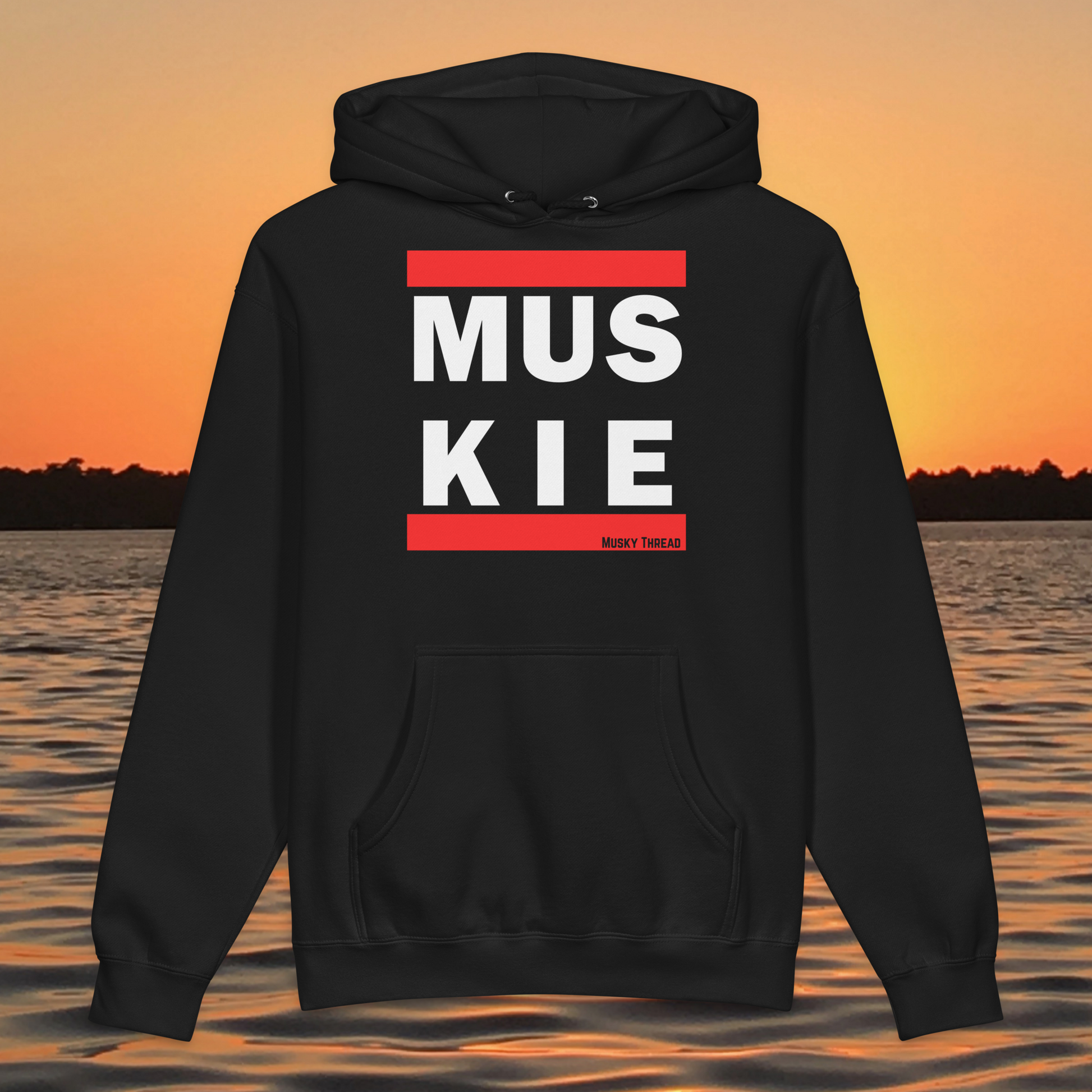Black retro muskie fishing hoodie with red and white block letter graphic, Musky Thread brand