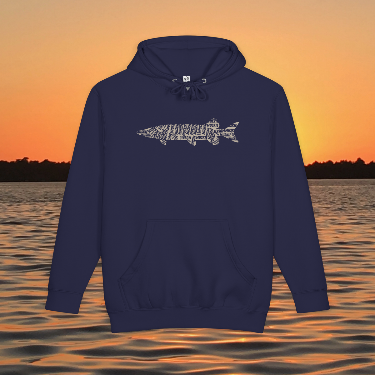 Muskie Lives Within Us black heavyweight hoodie with tan MUSKIE word art fish silhouette over sunset lake