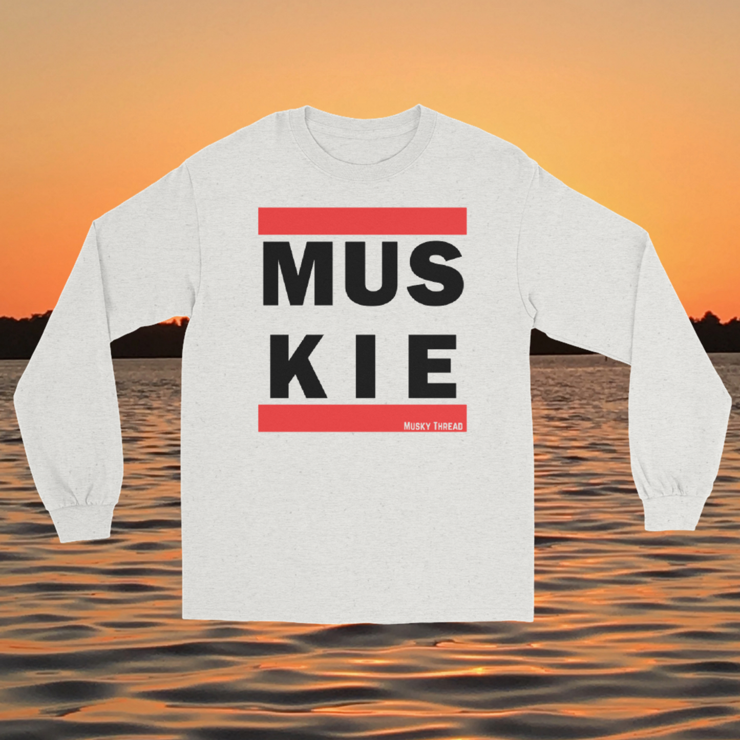 retro muskie fishing t-shirt with red and white block letter graphic, Musky Thread brand