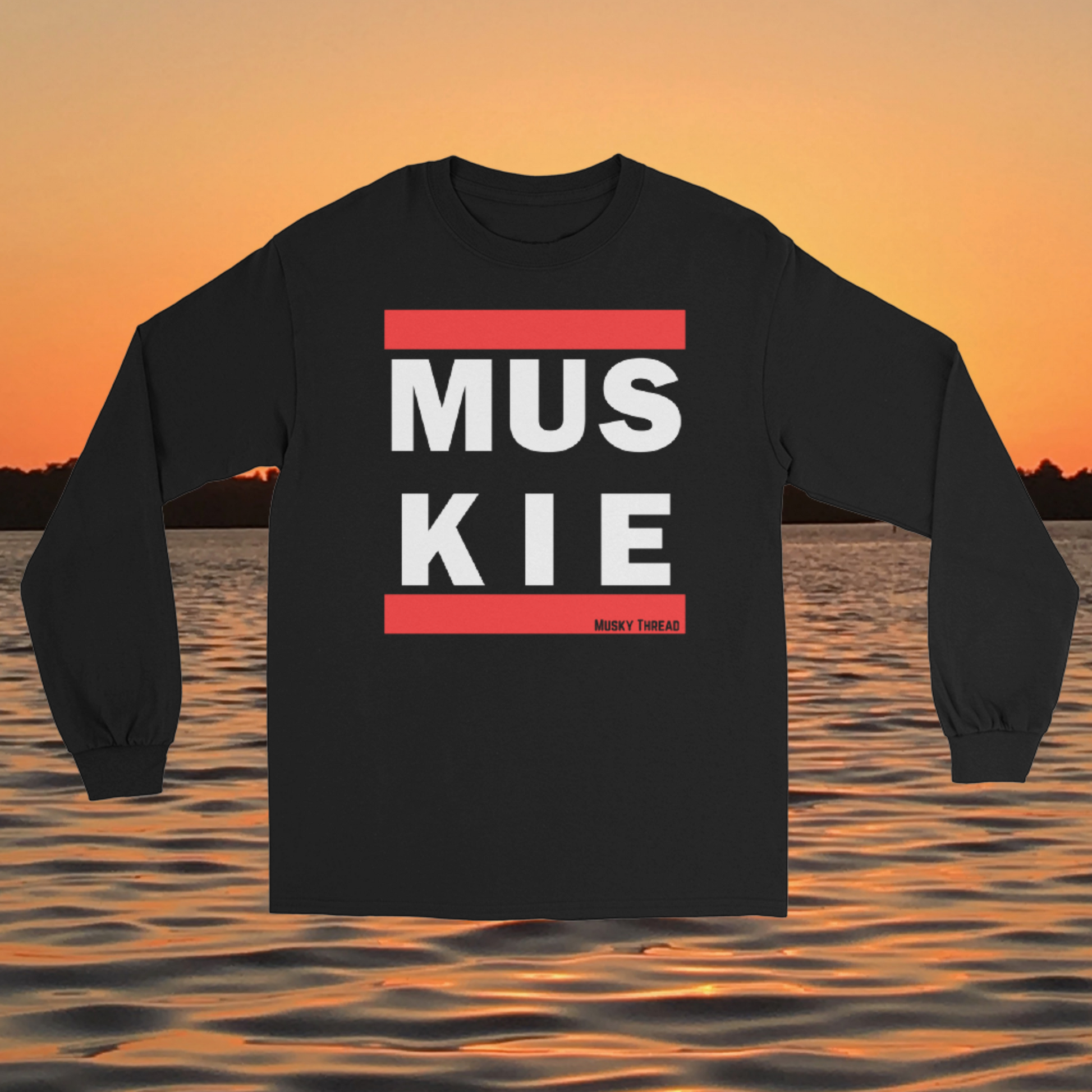 retro muskie fishing t-shirt with red and white block letter graphic, Musky Thread brand
