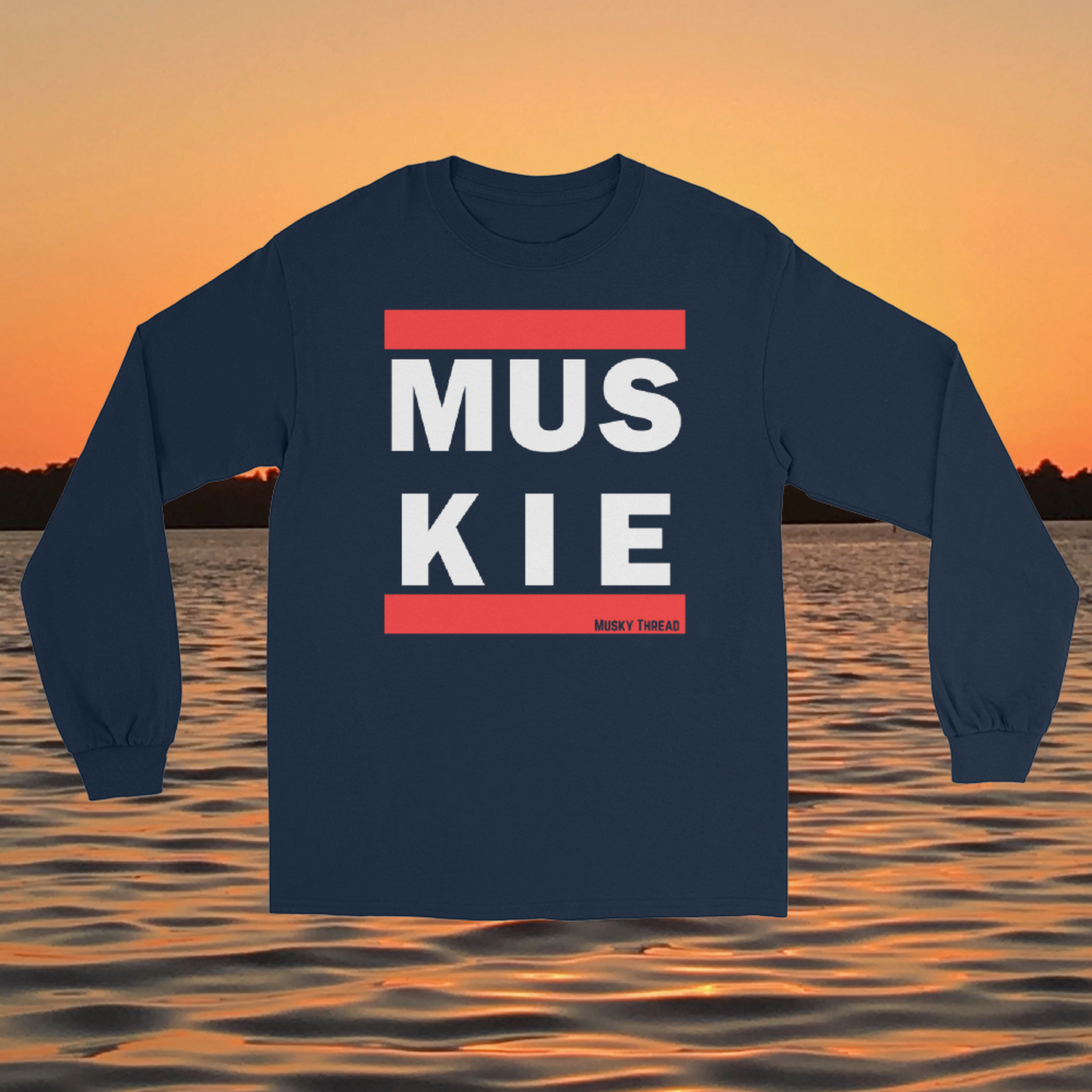 retro muskie fishing t-shirt with red and white block letter graphic, Musky Thread brand