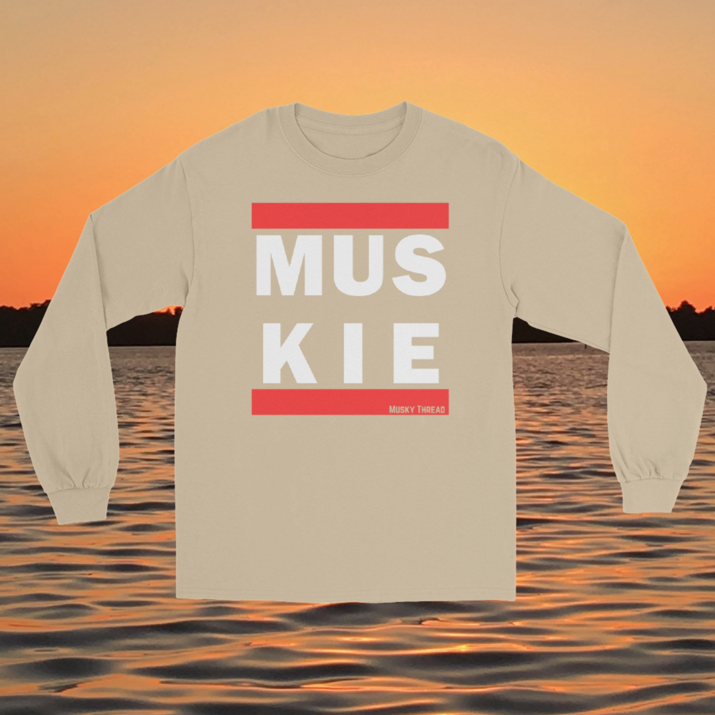 retro muskie fishing t-shirt with red and white block letter graphic, Musky Thread brand