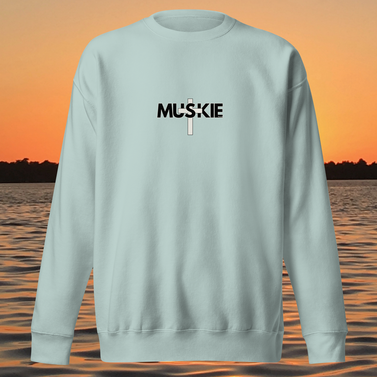 Minimalist Muskie Cross crewneck sweatshirt with black MUSKIE lettering crossed by a cream cross on the chest