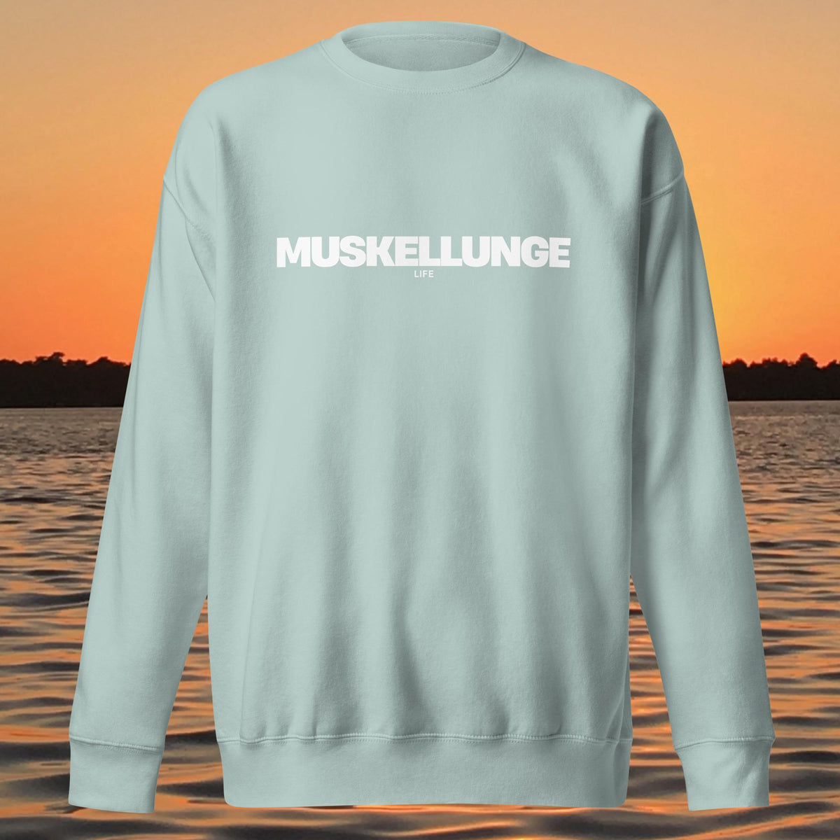 unisex crewneck sweatshirt with bold "MUSKELLUNGE LIFE" lettering