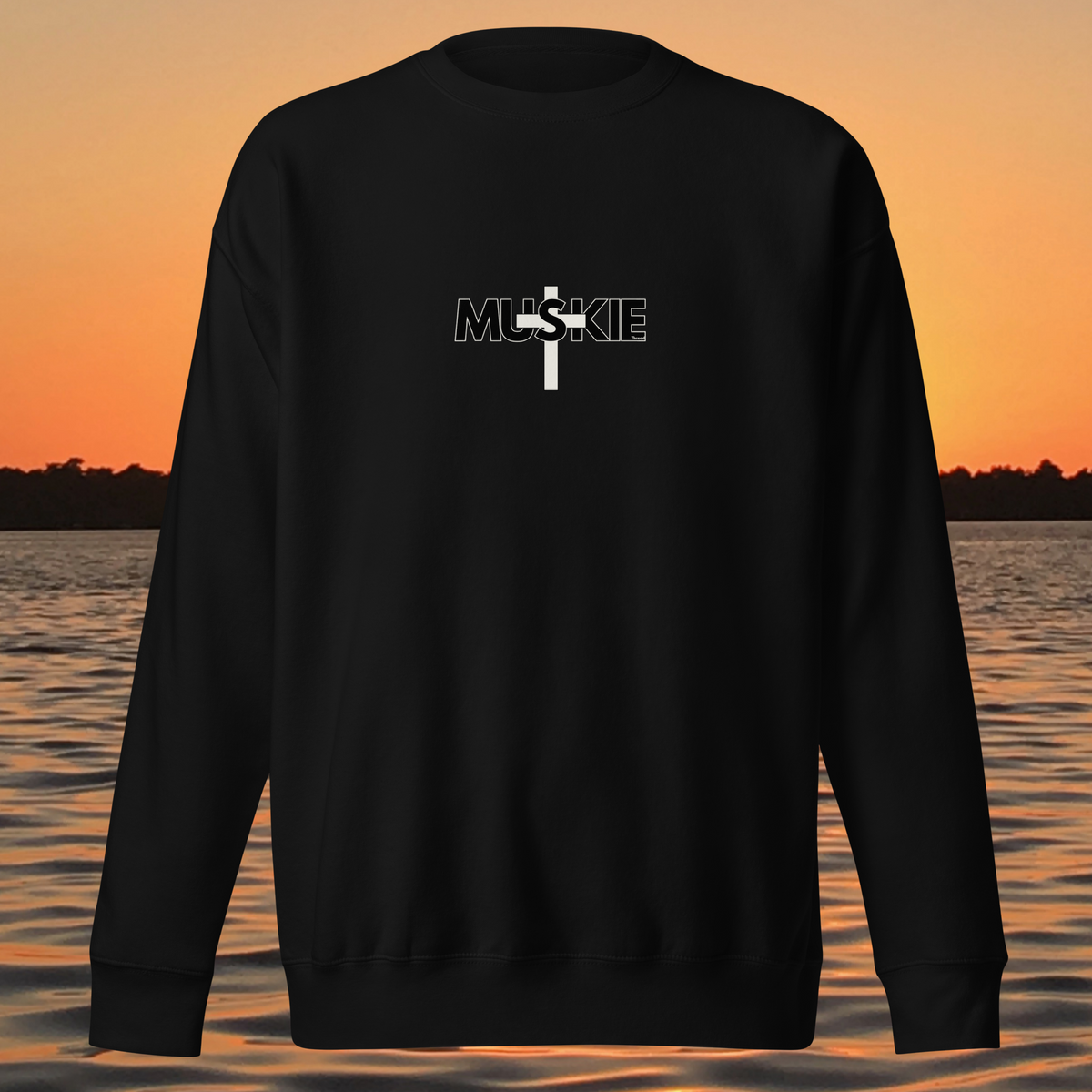 Minimalist Muskie Cross crewneck sweatshirt with black MUSKIE lettering crossed by a cream cross on the chest