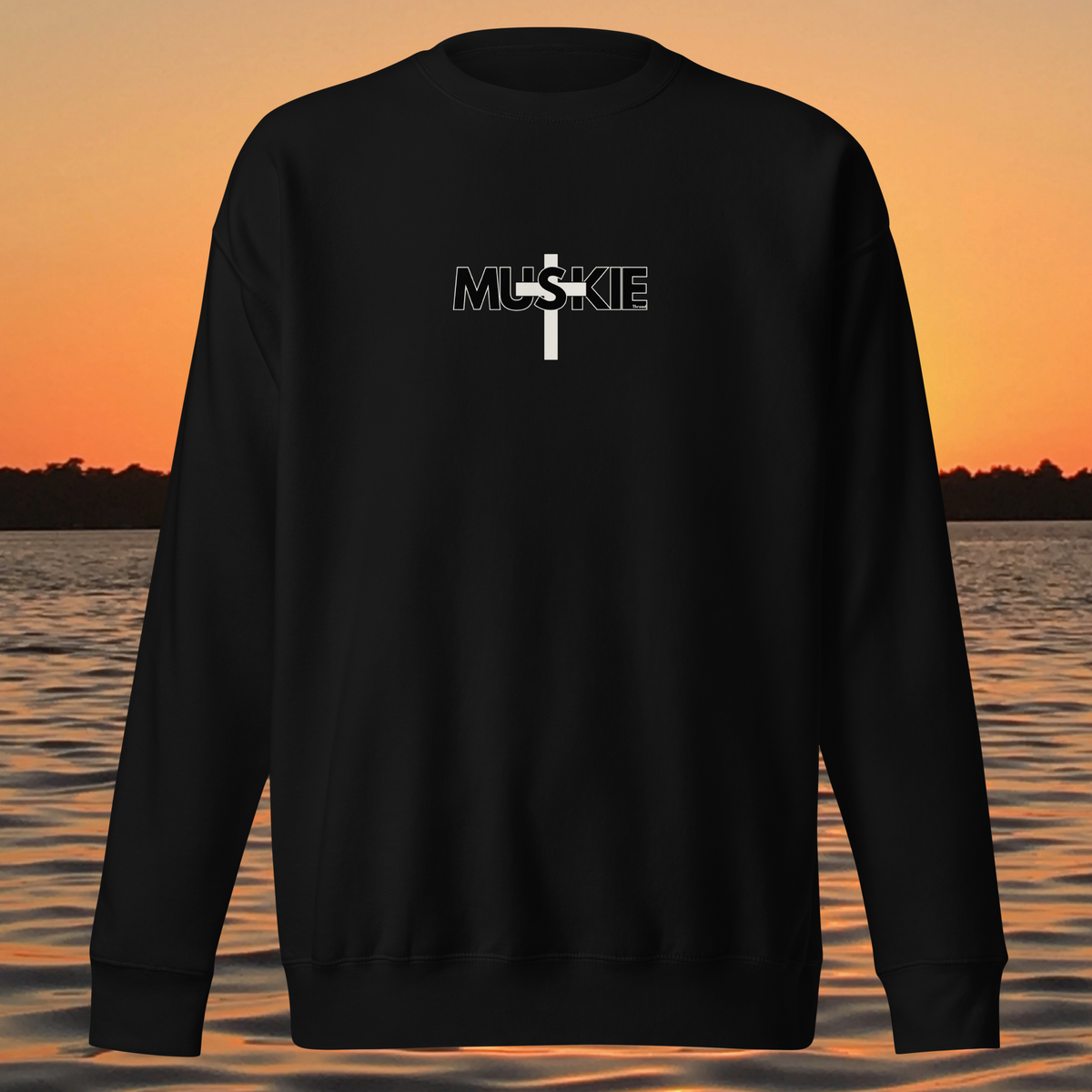 Minimalist Muskie Cross crewneck sweatshirt with black MUSKIE lettering crossed by a cream cross on the chest