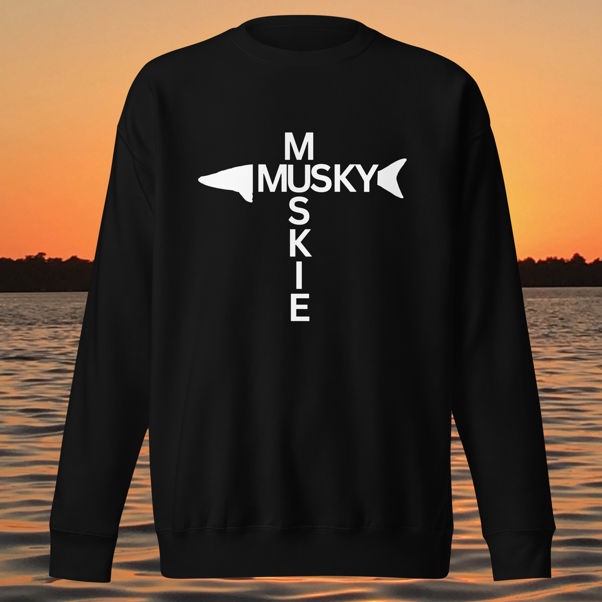 Musky Cross sweatshirt with white muskie fish design and MUSKY MUSKIE lettering