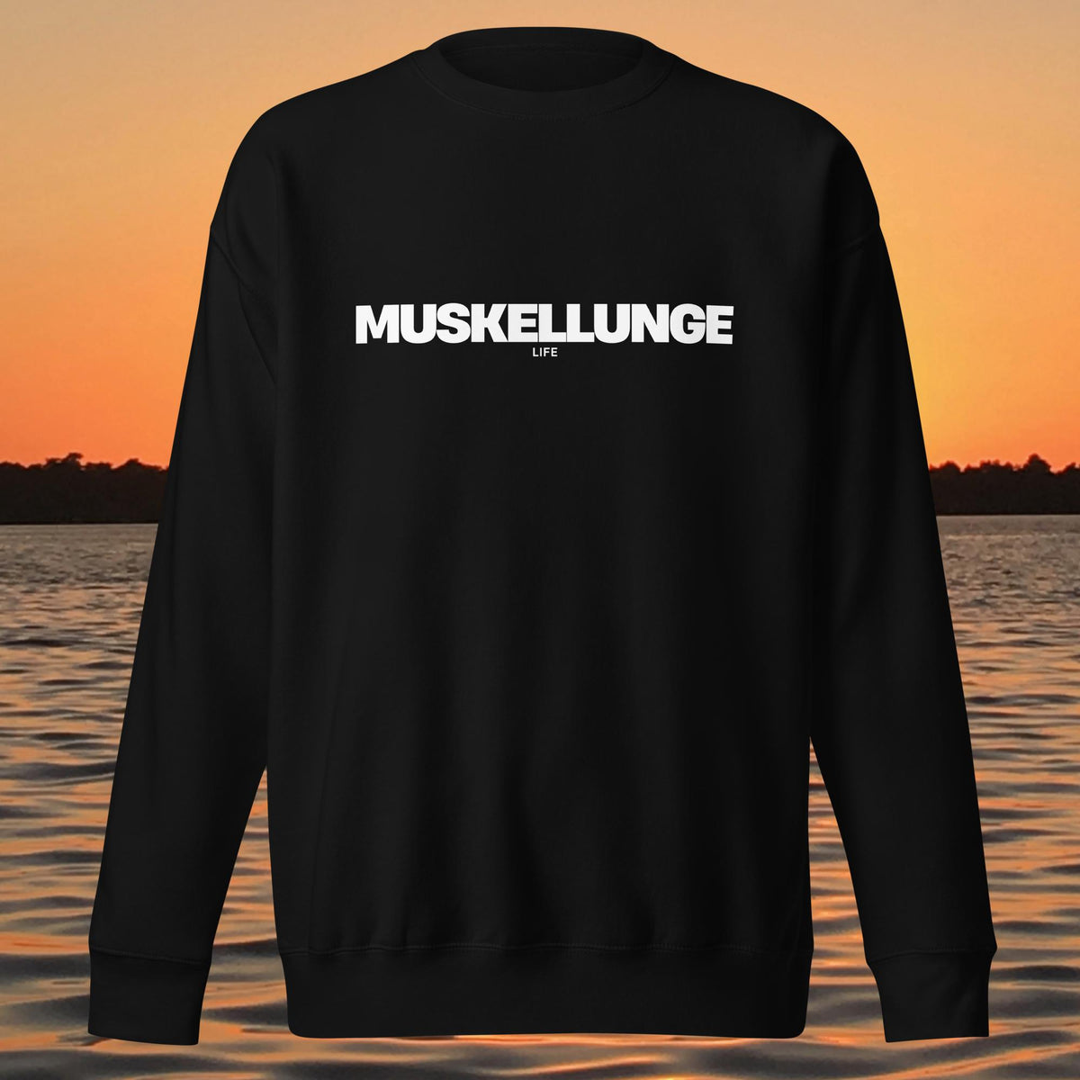 unisex crewneck sweatshirt with bold "MUSKELLUNGE LIFE" lettering
