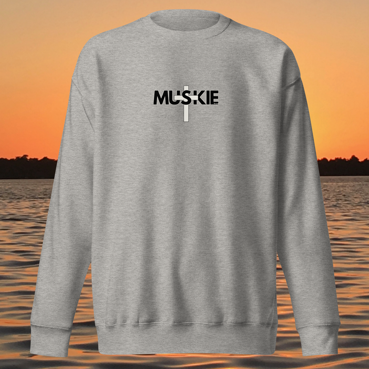 Minimalist Muskie Cross crewneck sweatshirt with black MUSKIE lettering crossed by a cream cross on the chest