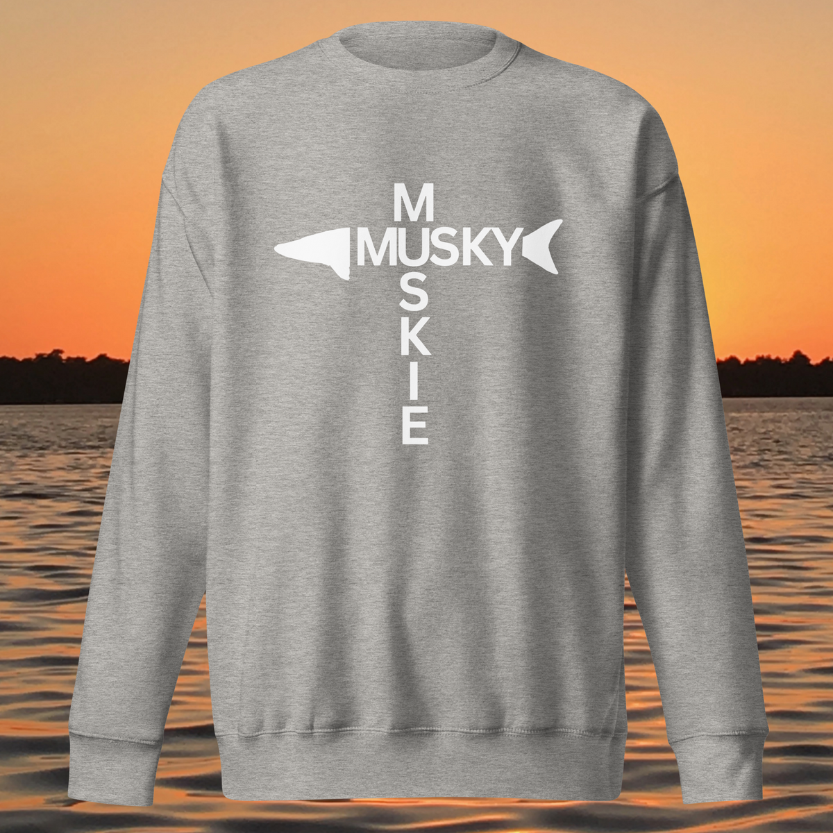 Musky Cross sweatshirt with white muskie fish design and MUSKY MUSKIE lettering