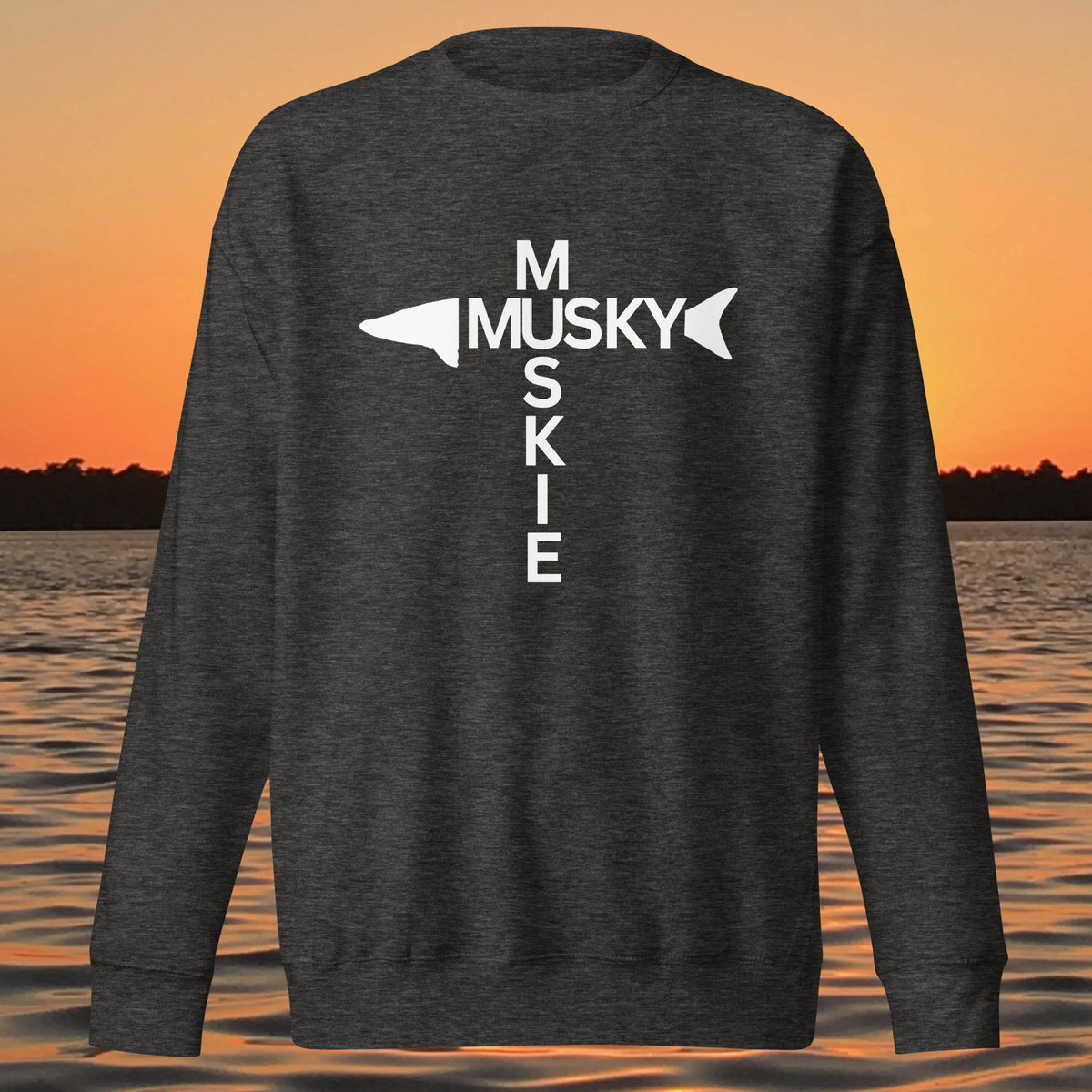 Musky Cross sweatshirt with white muskie fish design and MUSKY MUSKIE lettering