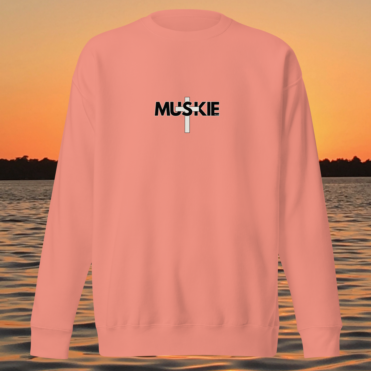 Minimalist Muskie Cross crewneck sweatshirt with black MUSKIE lettering crossed by a cream cross on the chest