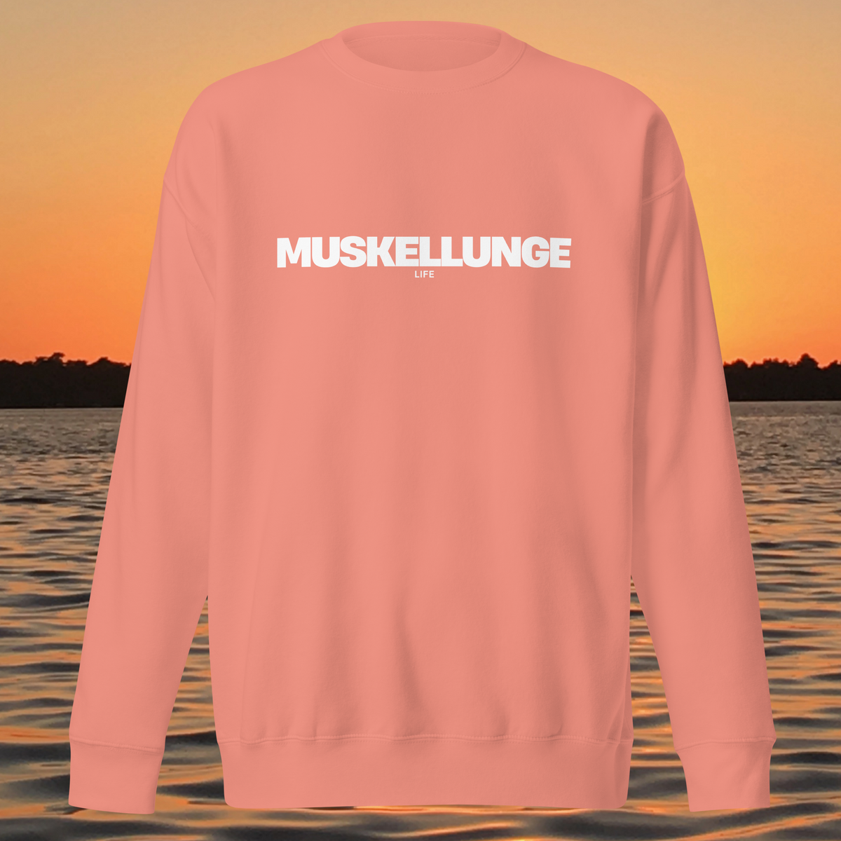 unisex crewneck sweatshirt with bold "MUSKELLUNGE LIFE" lettering
