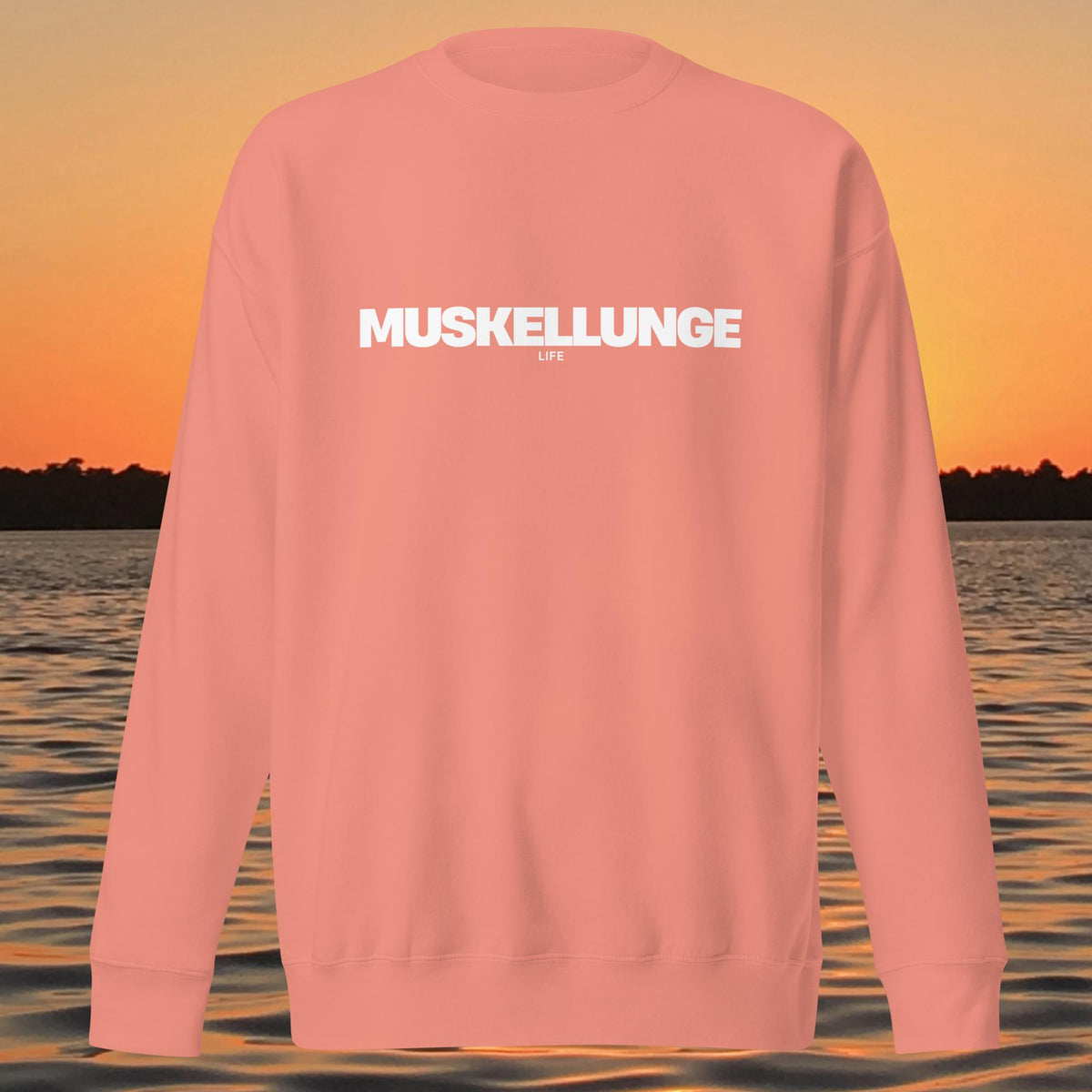 unisex crewneck sweatshirt with bold "MUSKELLUNGE LIFE" lettering