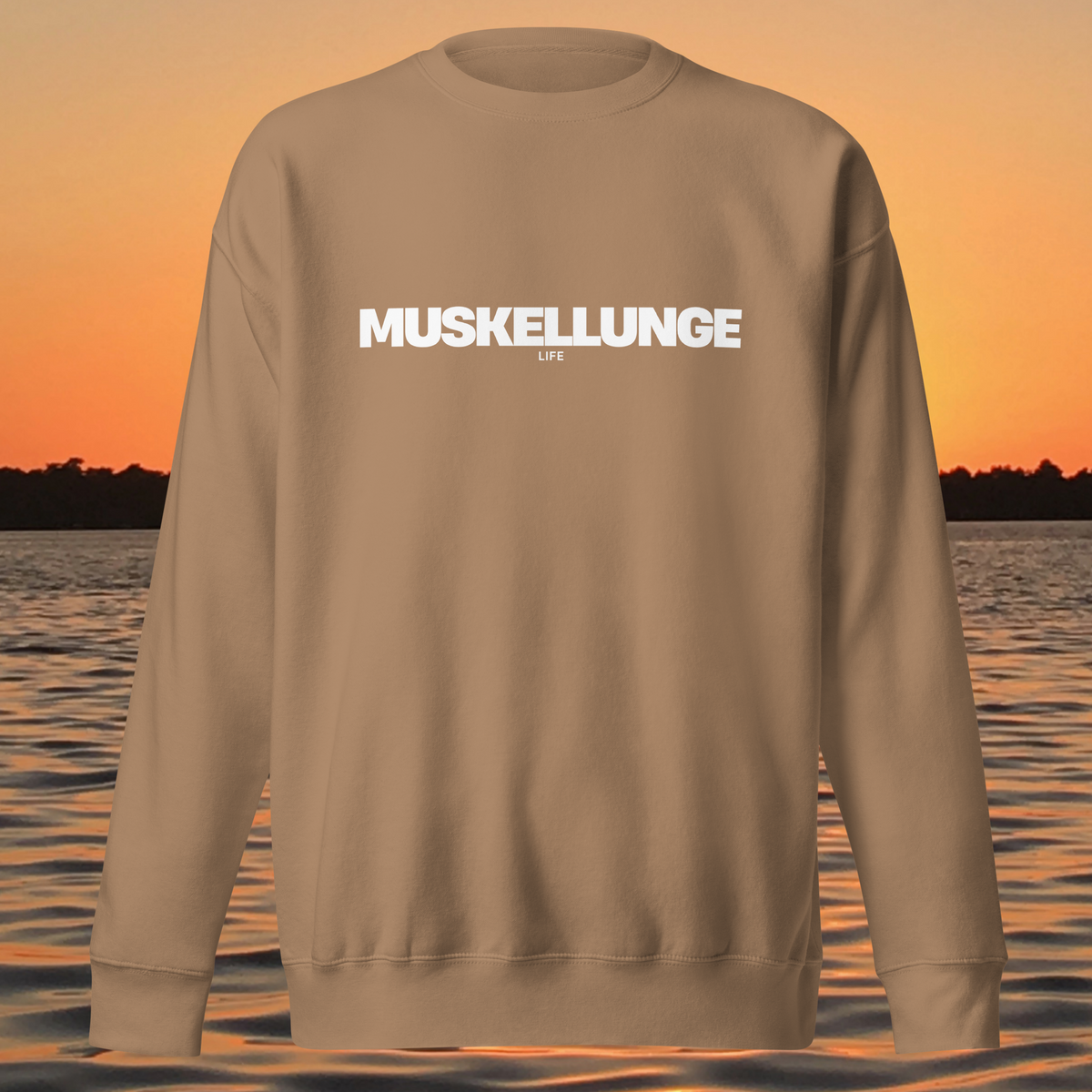 unisex crewneck sweatshirt with bold "MUSKELLUNGE LIFE" lettering