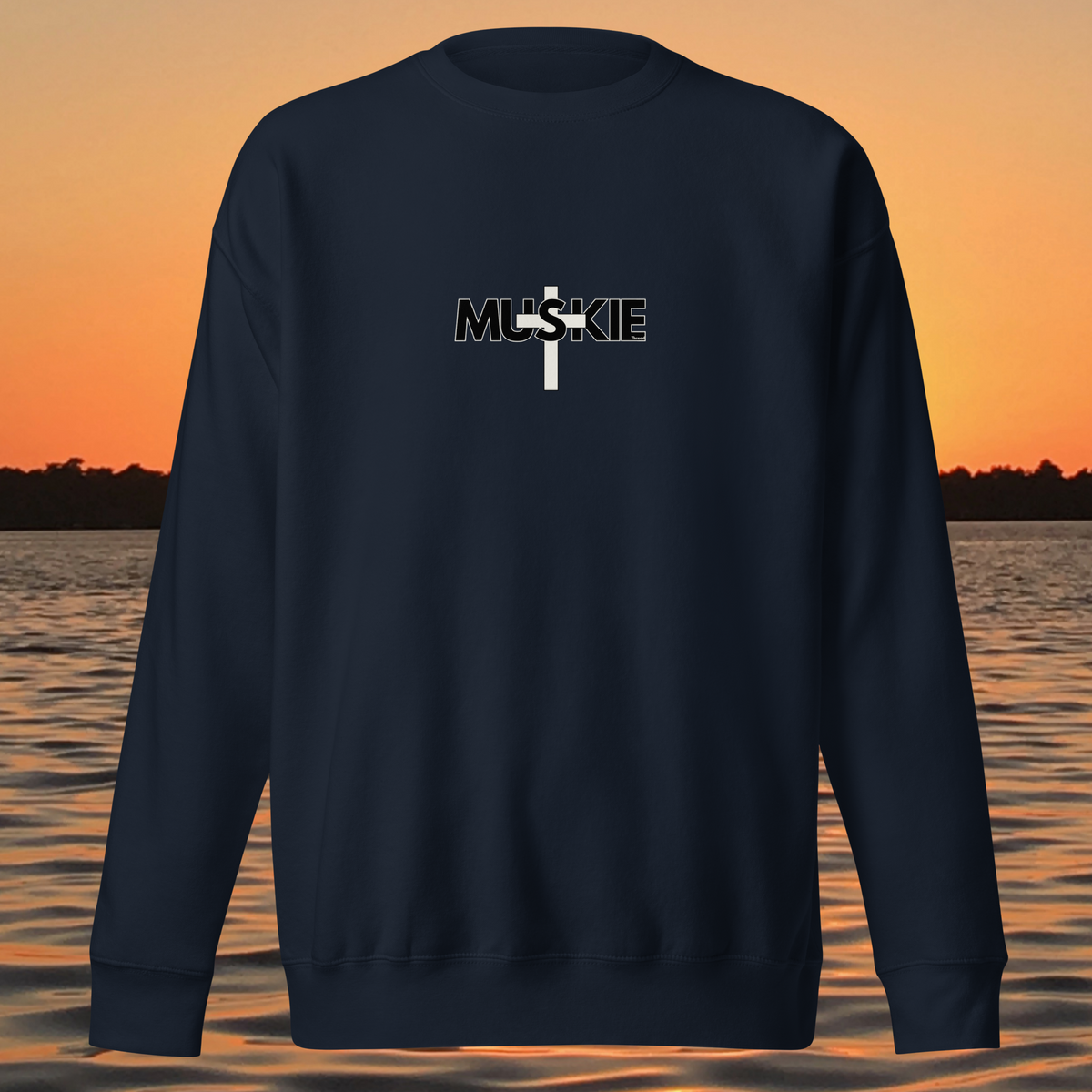 Minimalist Muskie Cross crewneck sweatshirt with black MUSKIE lettering crossed by a cream cross on the chest