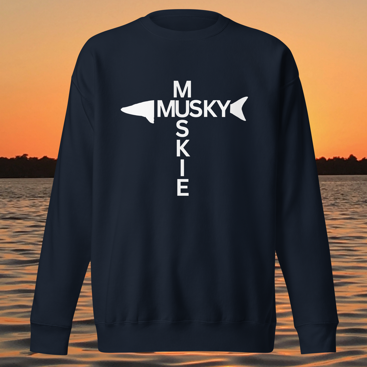 Musky Cross sweatshirt with white muskie fish design and MUSKY MUSKIE lettering