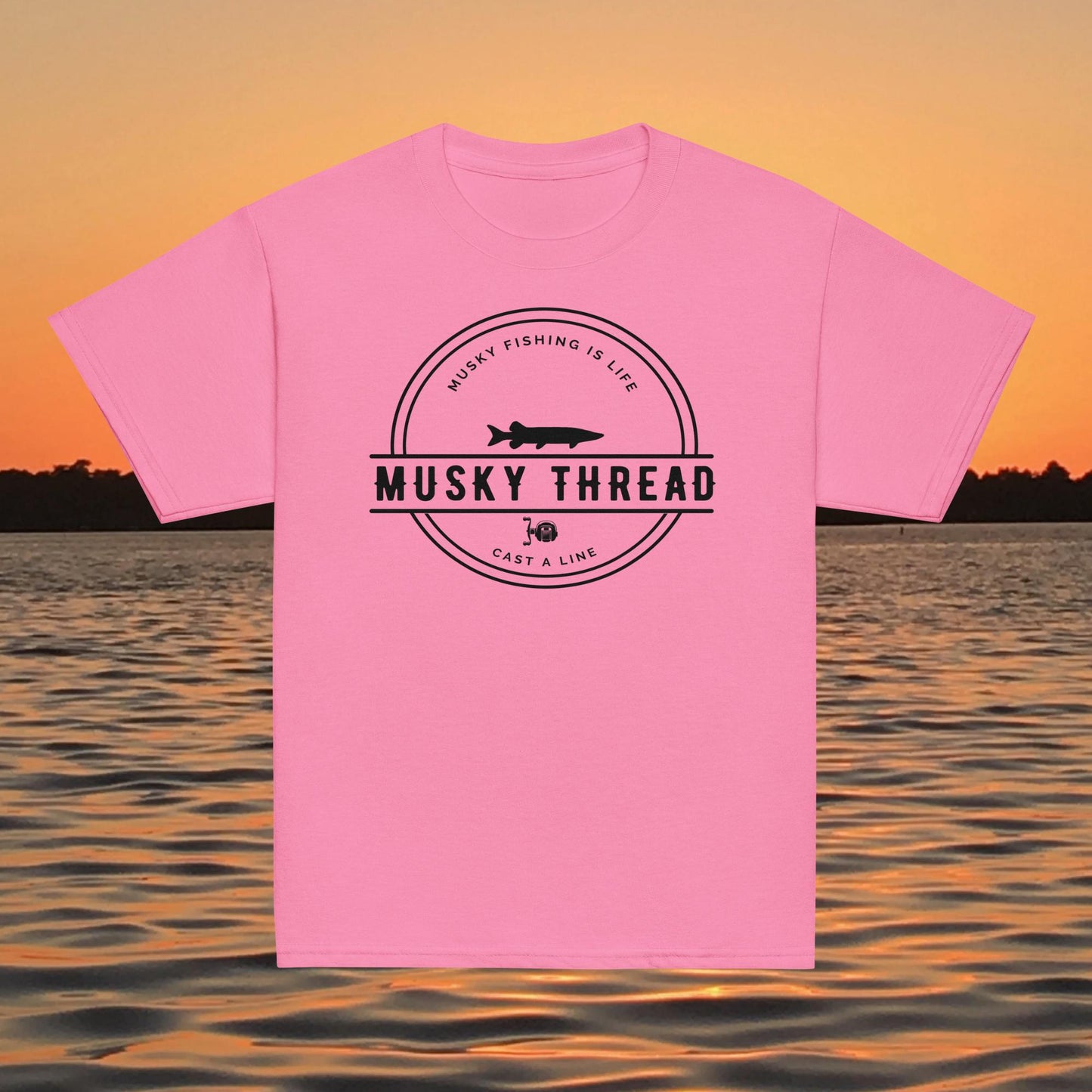 youth musky fishing shirt musky thread logo kids tee pink
