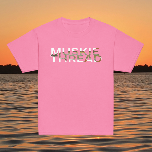 youth t shirt with musky thread text fill design featuring musky pattern inside lettering
