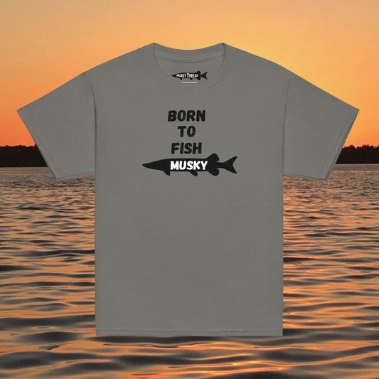 youth fishing shirt born to fish musky kids tee dark grey