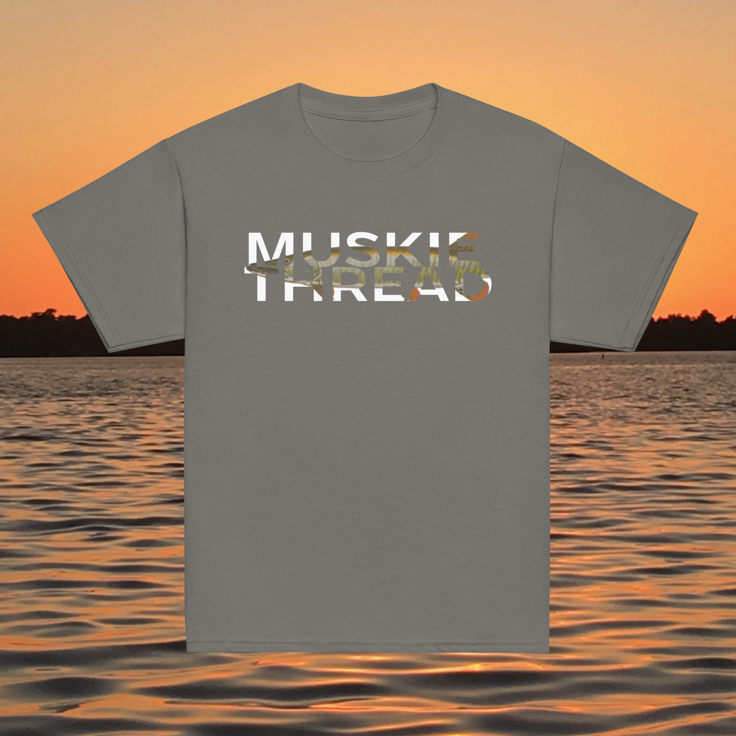 youth t shirt with musky thread text fill design featuring musky pattern inside lettering
