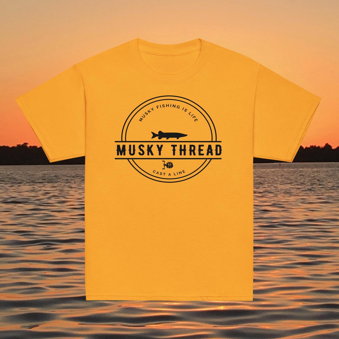 youth musky fishing shirt musky thread logo kids tee yellow