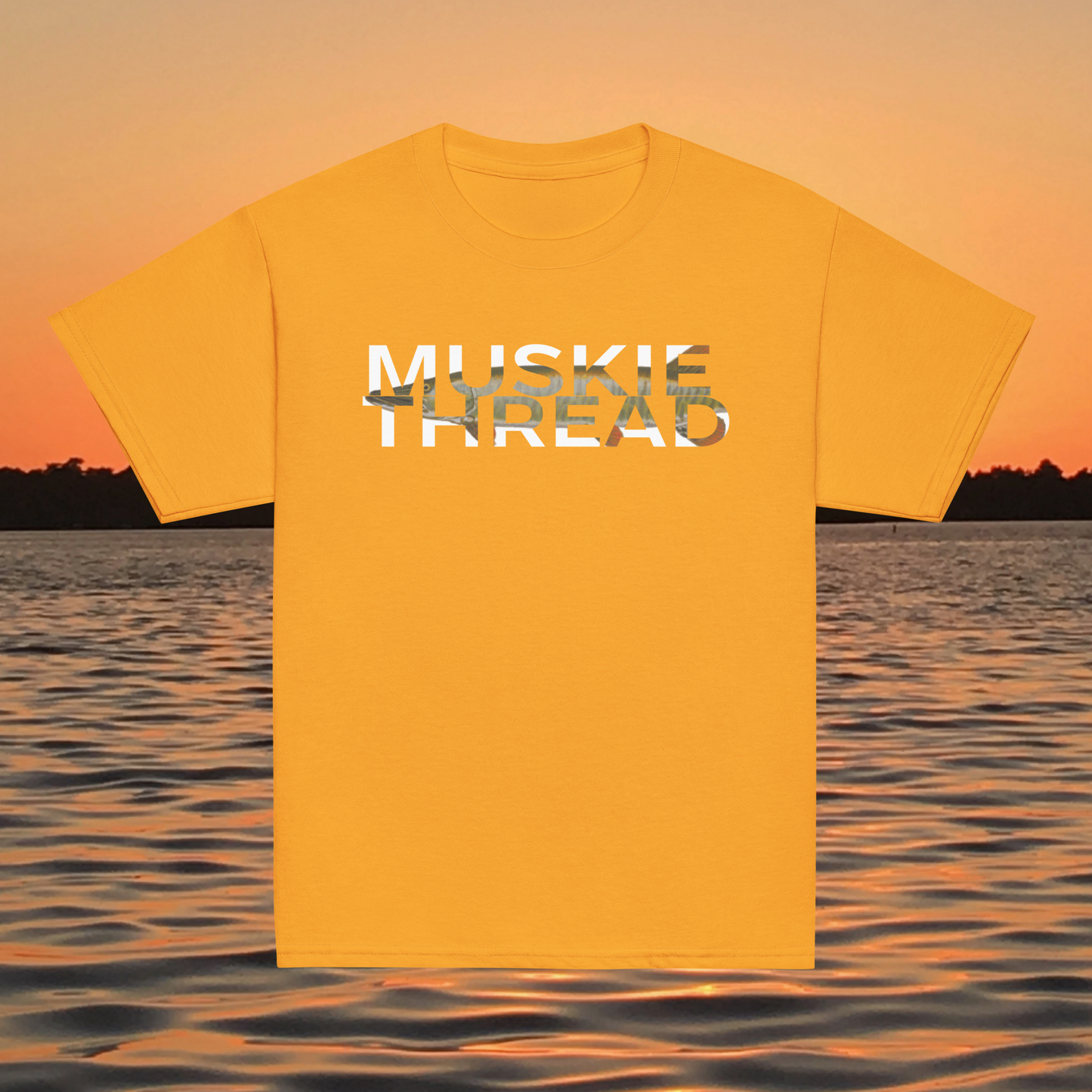 youth t shirt with musky thread text fill design featuring musky pattern inside lettering
