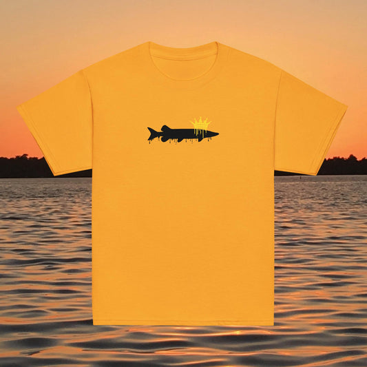 youth t shirt musky fish silhouette with crown fishing design