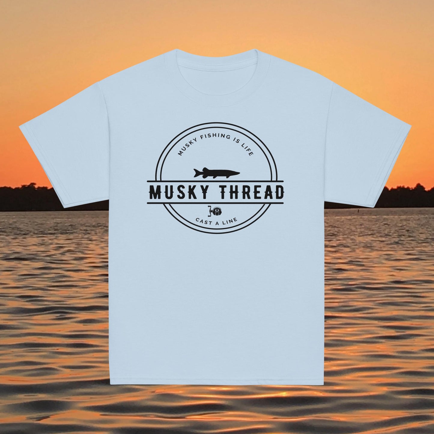 youth musky fishing shirt musky thread logo kids tee light blue