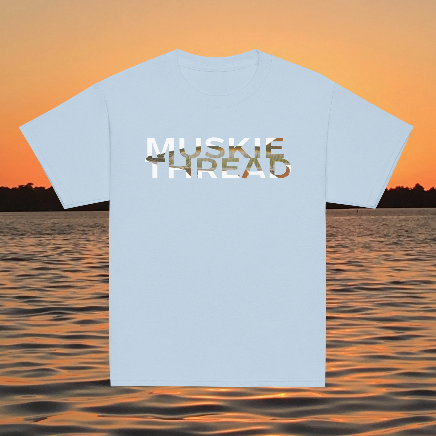 youth t shirt with musky thread text fill design featuring musky pattern inside lettering

