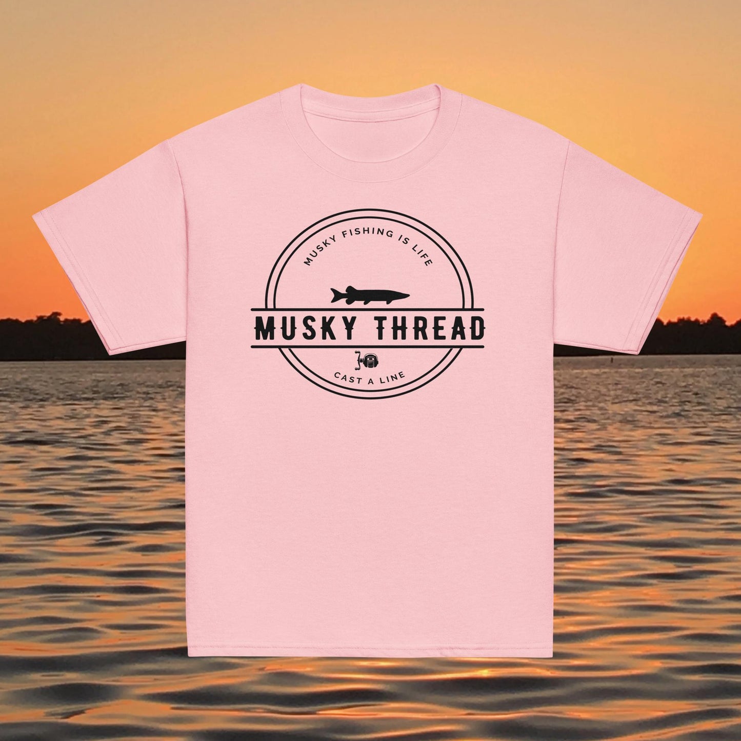 youth musky fishing shirt musky thread logo kids tee light pink