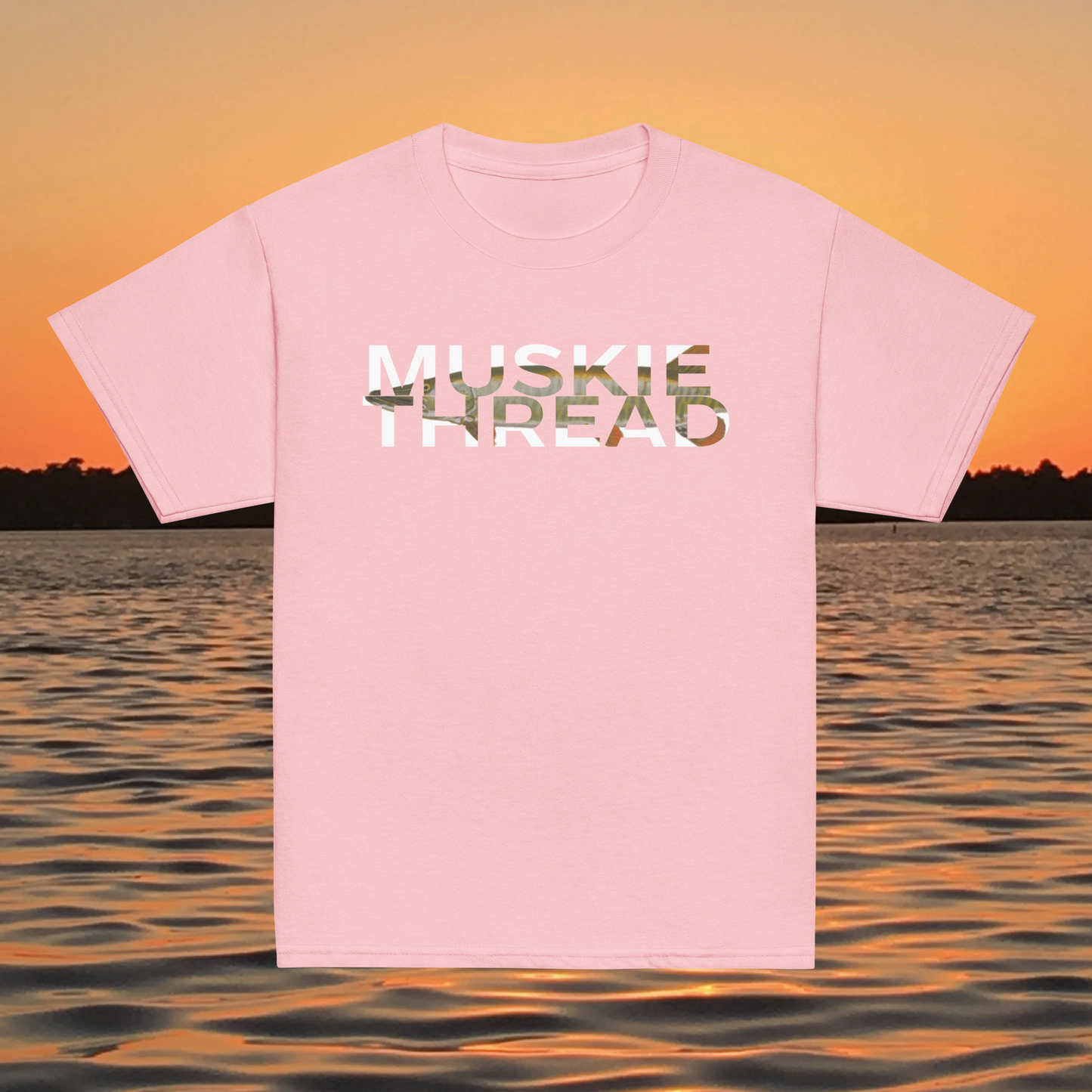 youth t shirt with musky thread text fill design featuring musky pattern inside lettering
