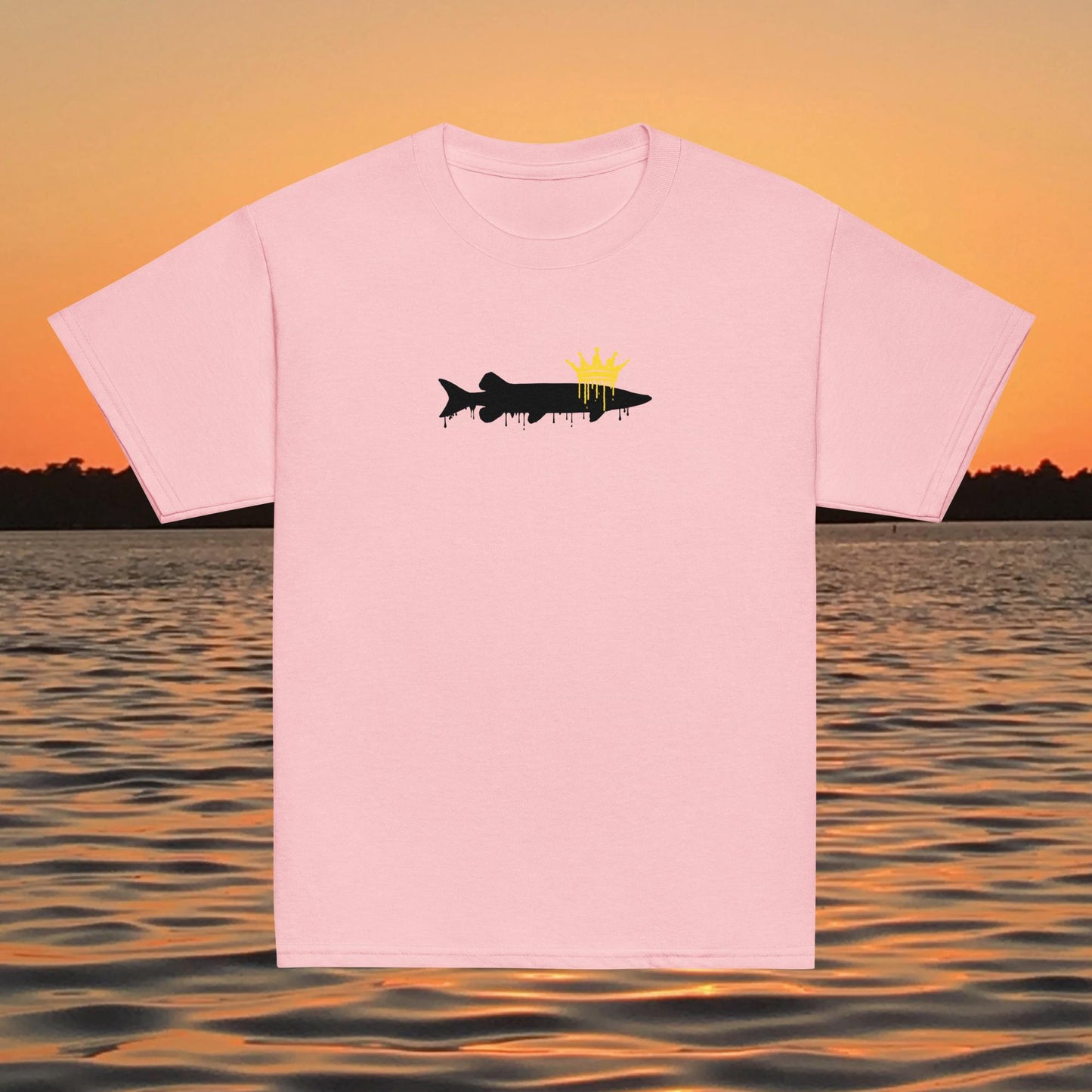 youth t shirt musky fish silhouette with crown fishing design