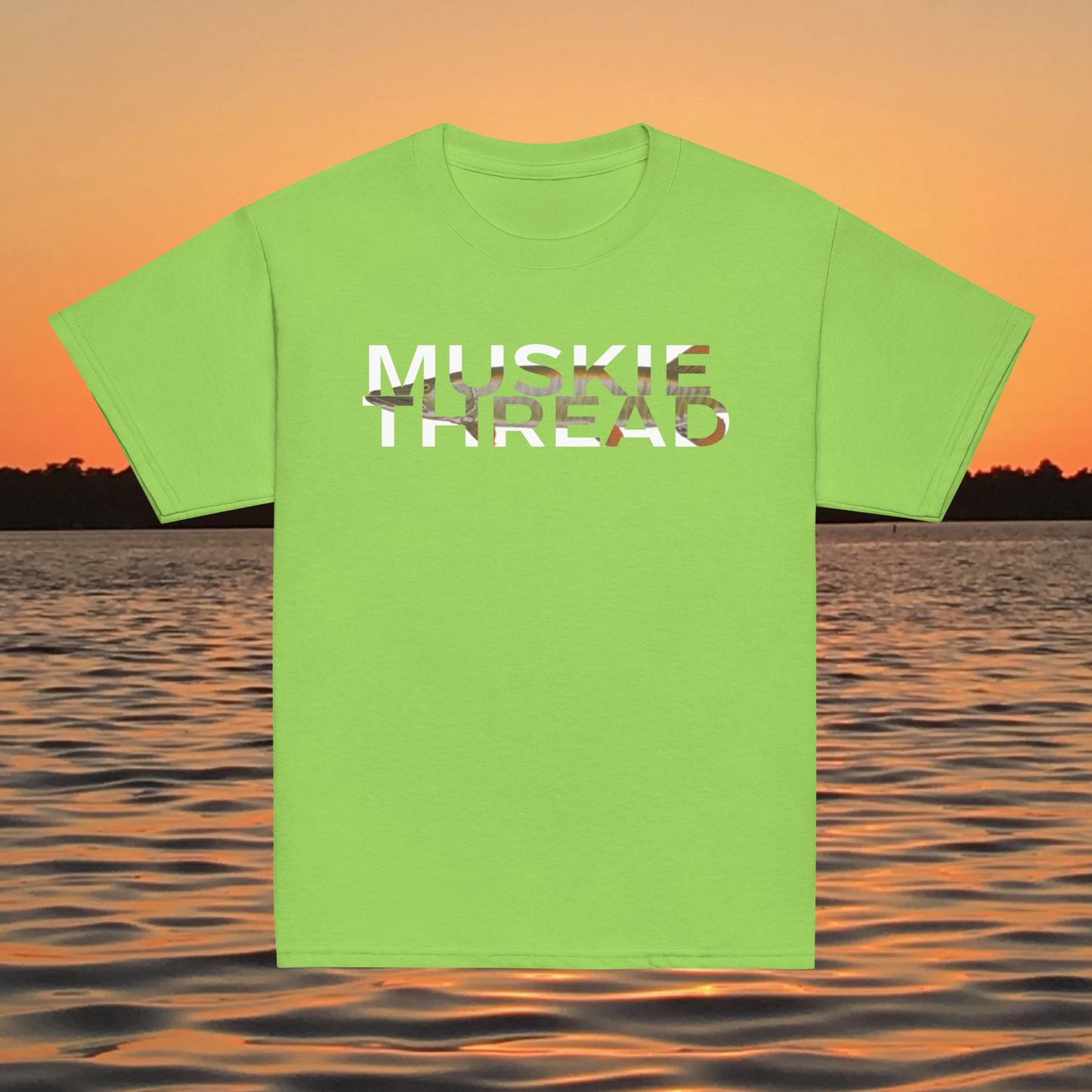youth t shirt with musky thread text fill design featuring musky pattern inside lettering
