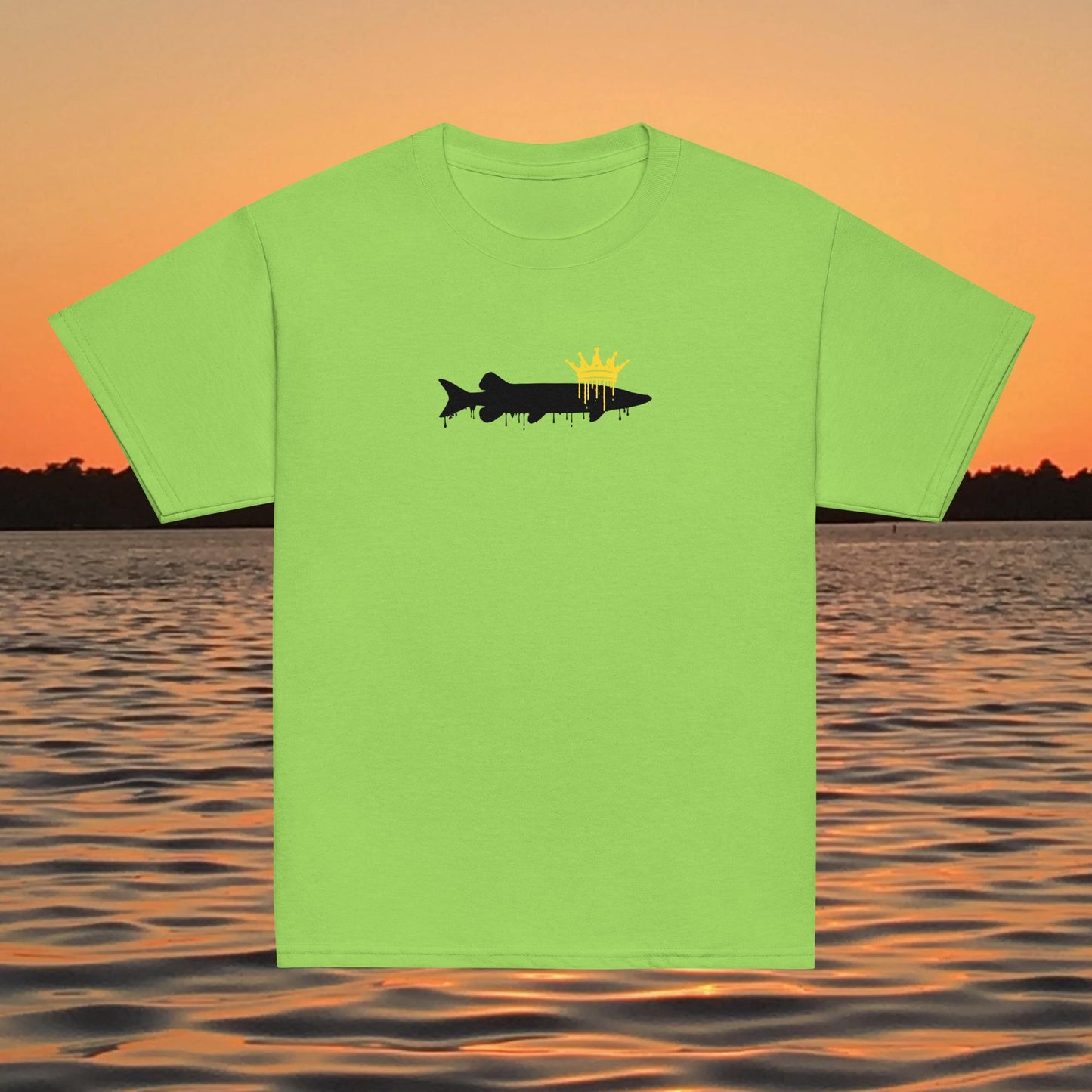 youth t shirt musky fish silhouette with crown fishing design
