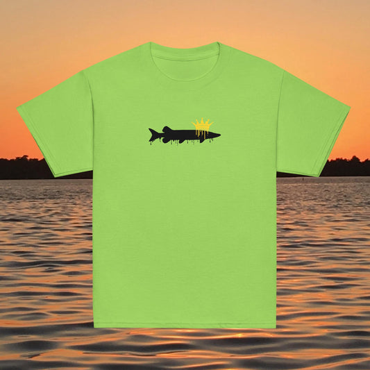 youth t shirt musky fish silhouette with crown fishing design