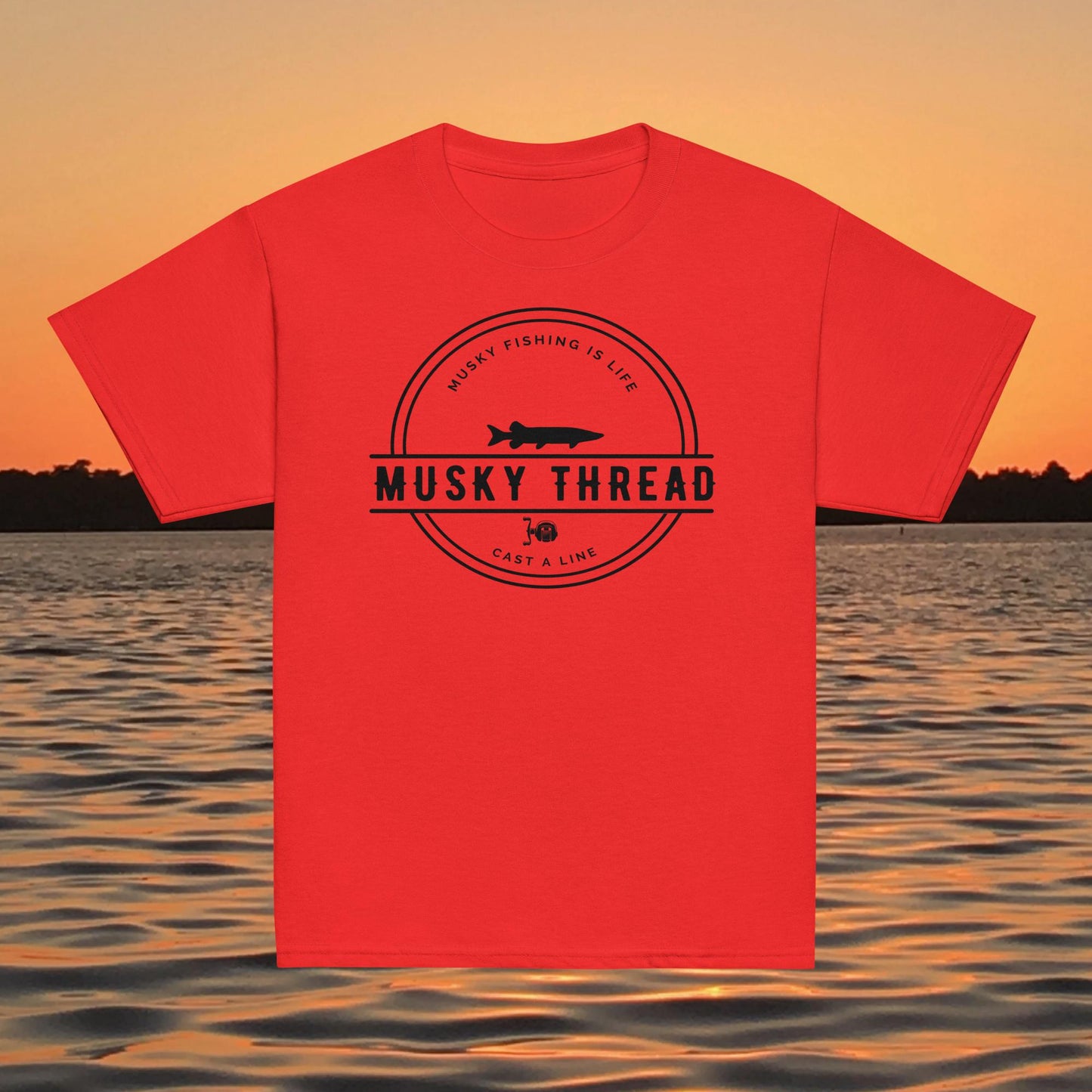 youth musky fishing shirt musky thread logo kids tee red