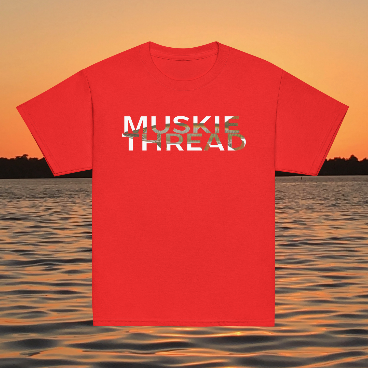 youth t shirt with musky thread text fill design featuring musky pattern inside lettering
