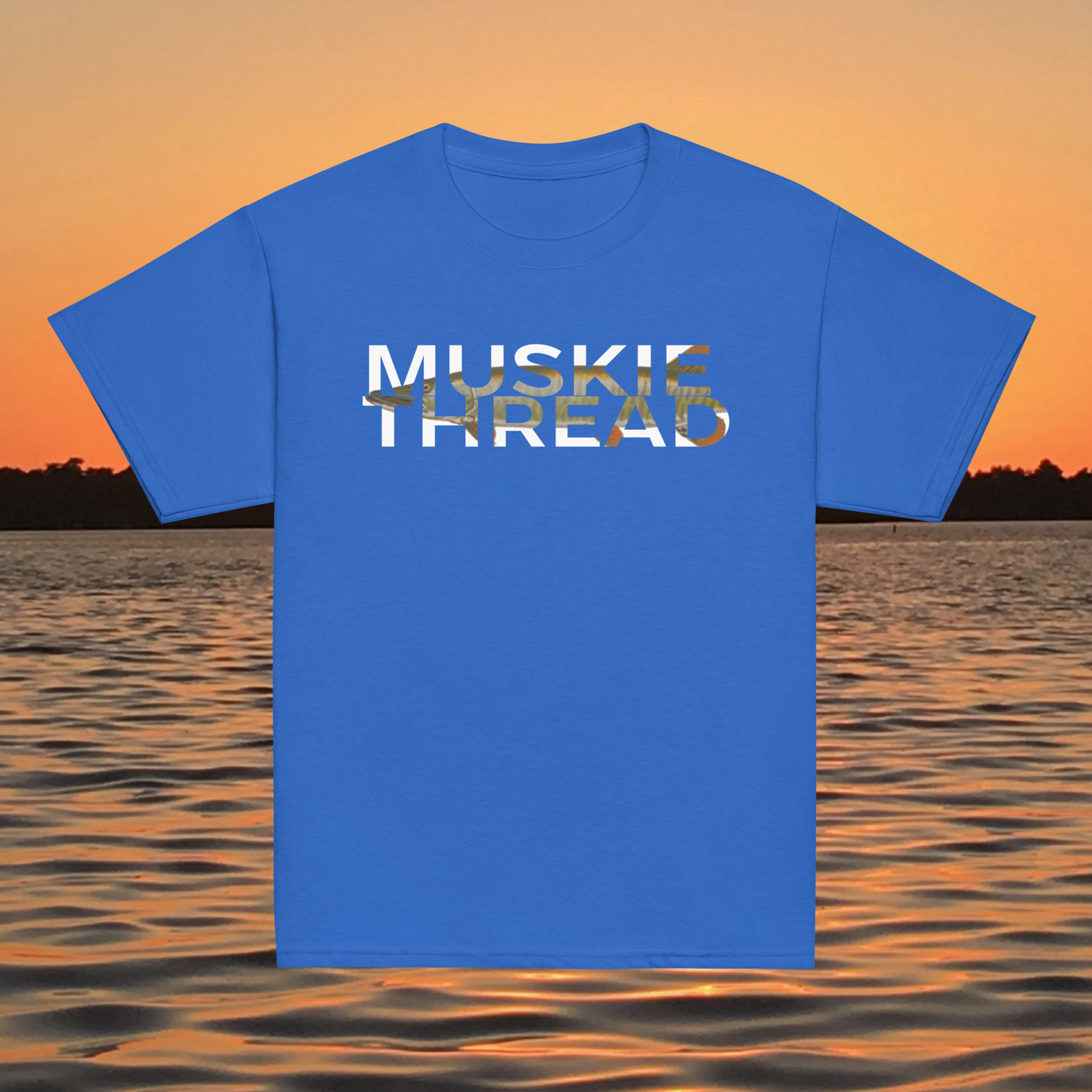 youth t shirt with musky thread text fill design featuring musky pattern inside lettering
