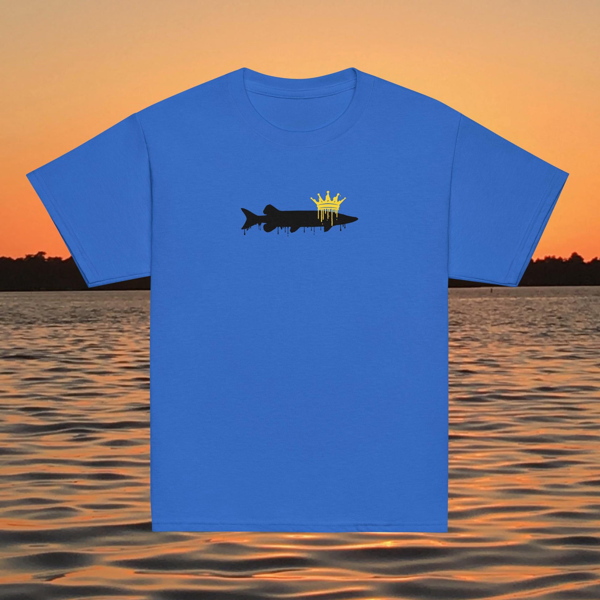 youth t shirt musky fish silhouette with crown fishing design