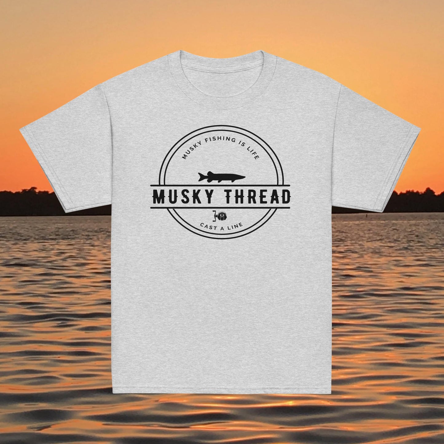 youth musky fishing shirt musky thread logo kids tee grey