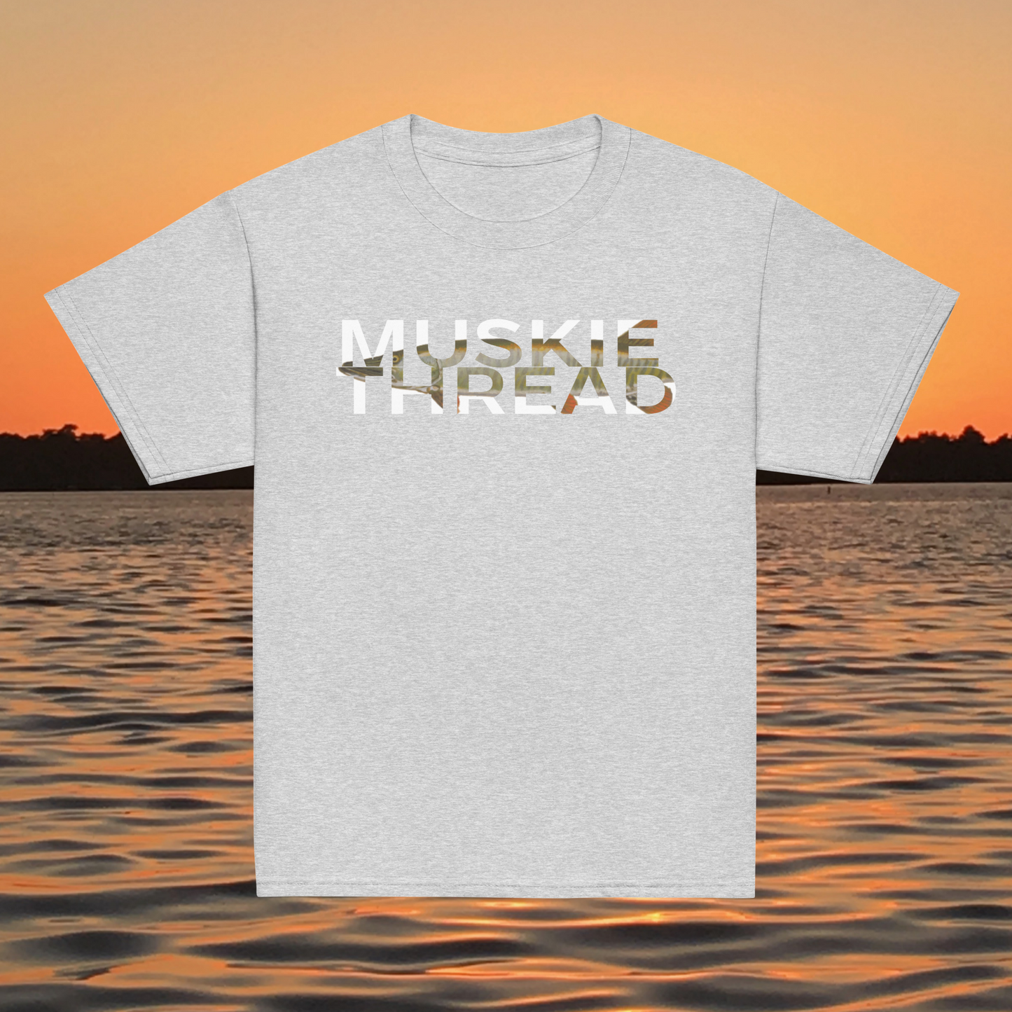 youth t shirt with musky thread text fill design featuring musky pattern inside lettering
