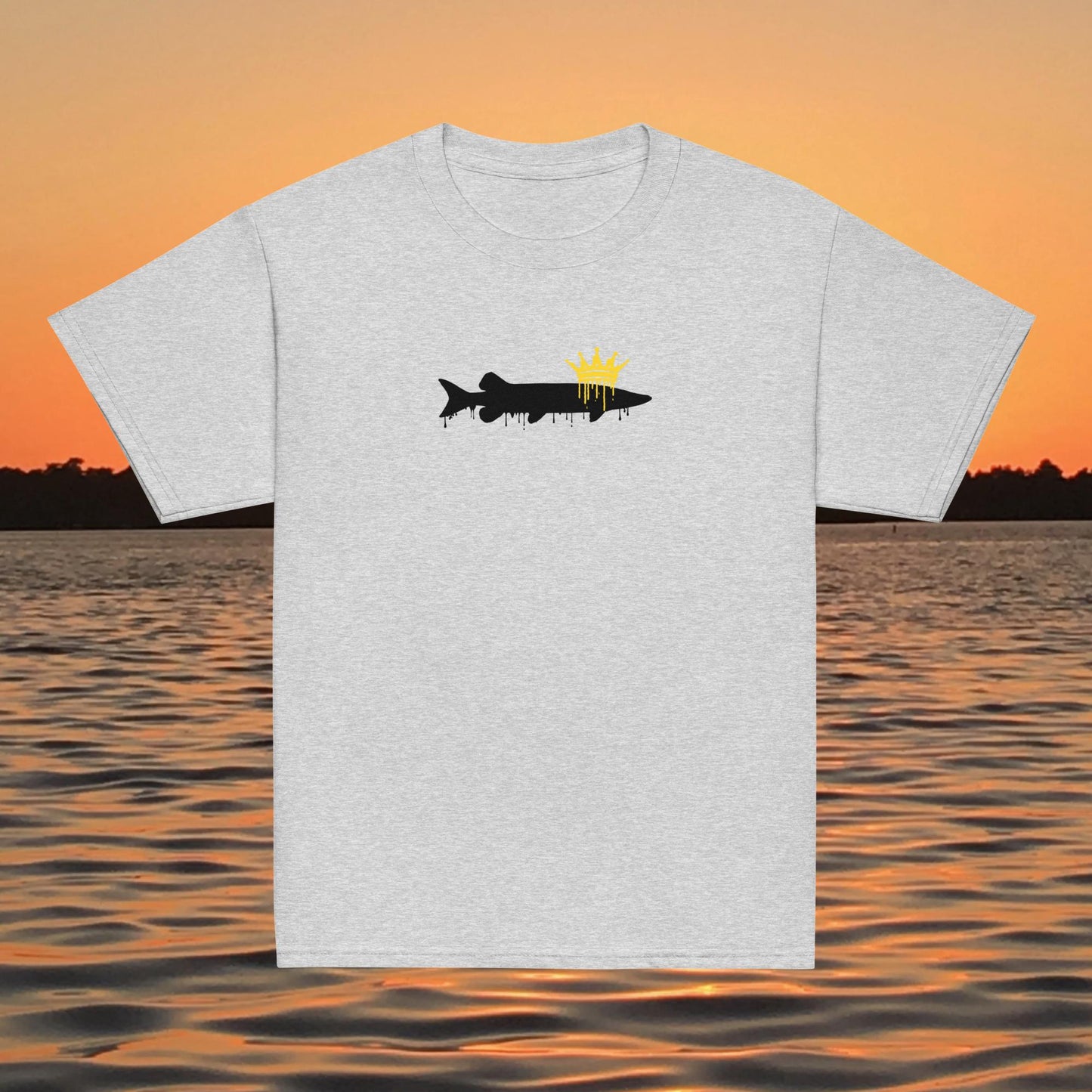 youth t shirt musky fish silhouette with crown fishing design